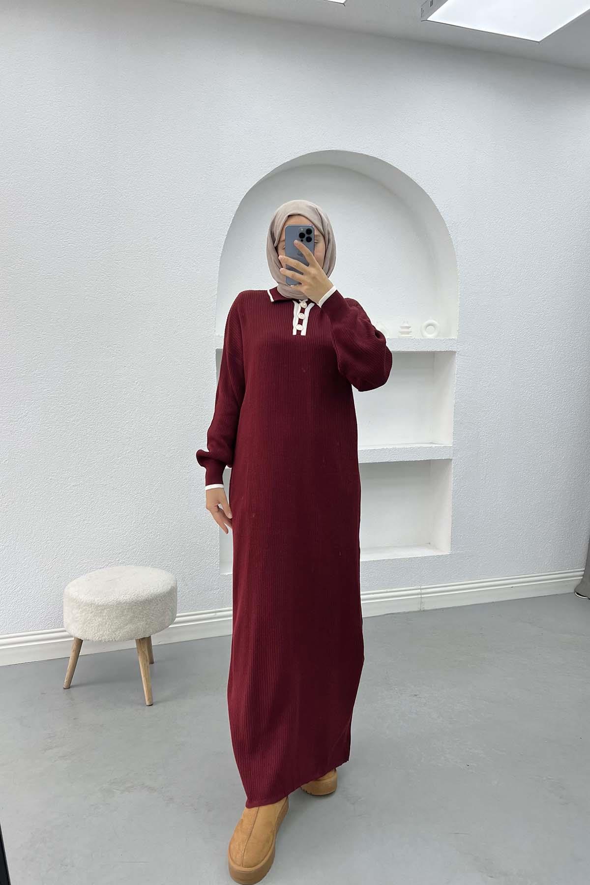 Yaka Düğmeli Triko Elbise Bordo