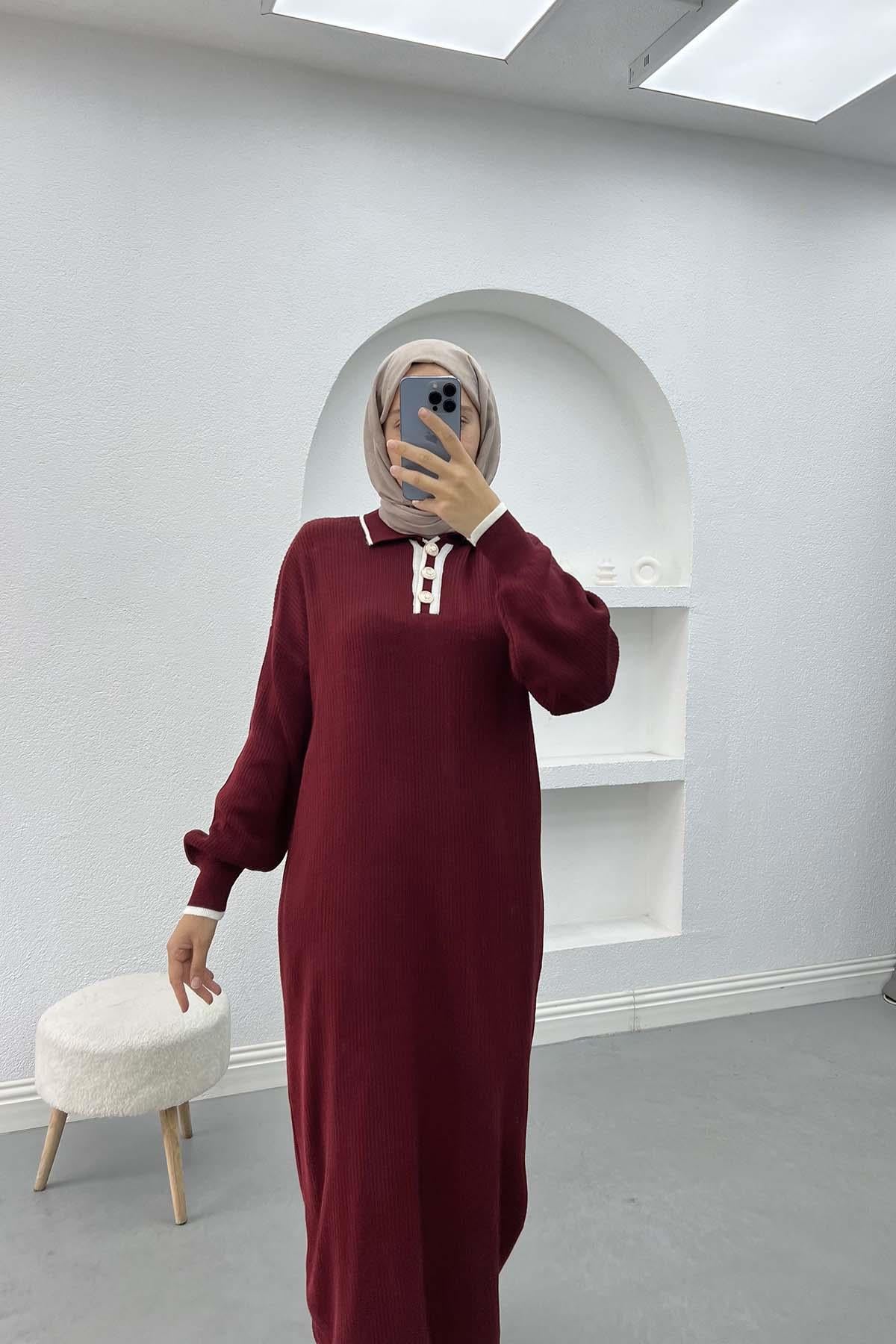 Yaka Düğmeli Triko Elbise Bordo