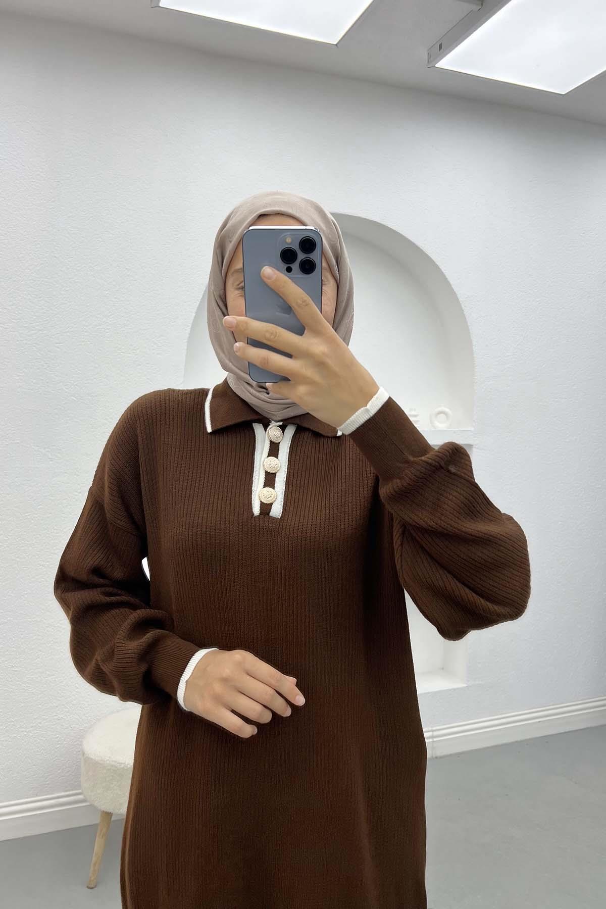 Yaka Düğmeli Triko Elbise Kahve