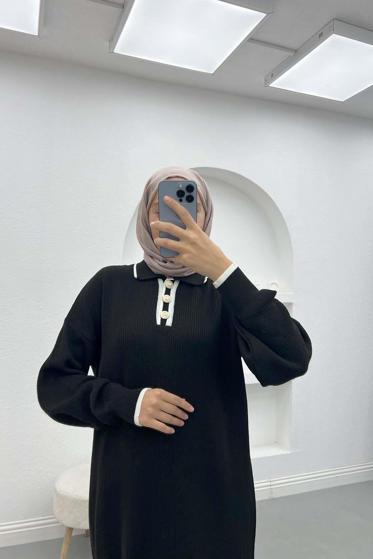 Yaka Düğmeli Triko Elbise Siyah