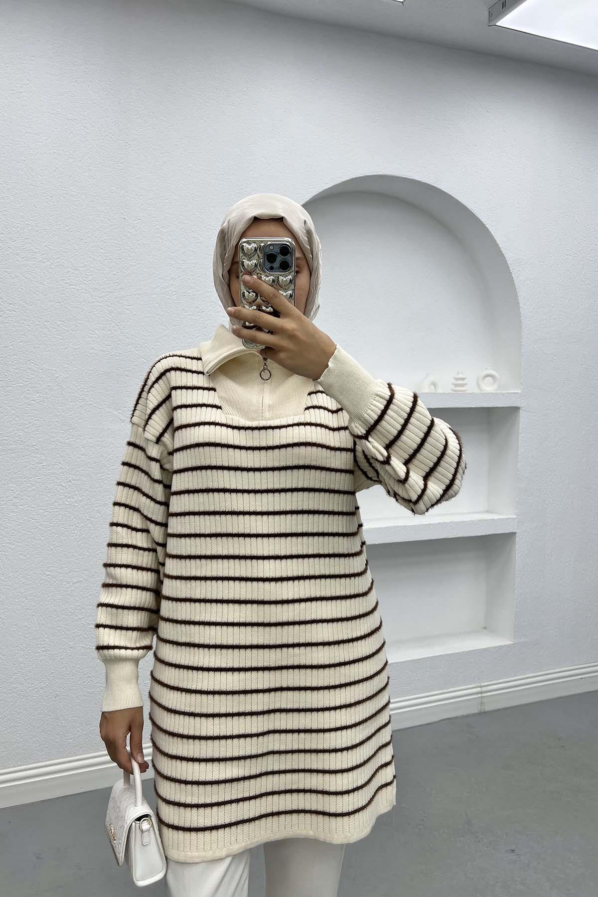 Yaka Fermuarlı Çizgili Tunik Ekru