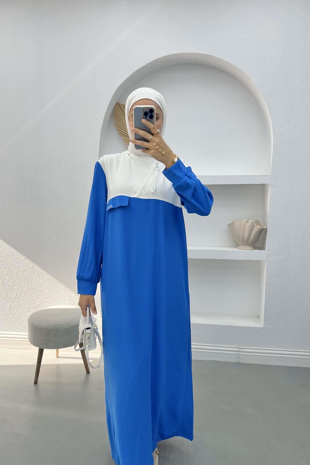 Yaka Fermuarlı Elbise Mavi