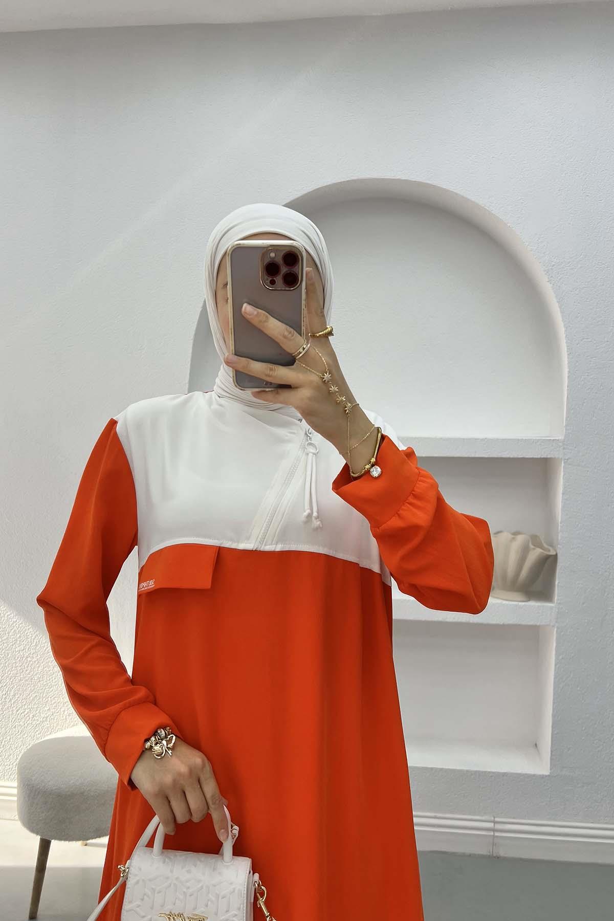 Yaka Fermuarlı Elbise Mercan
