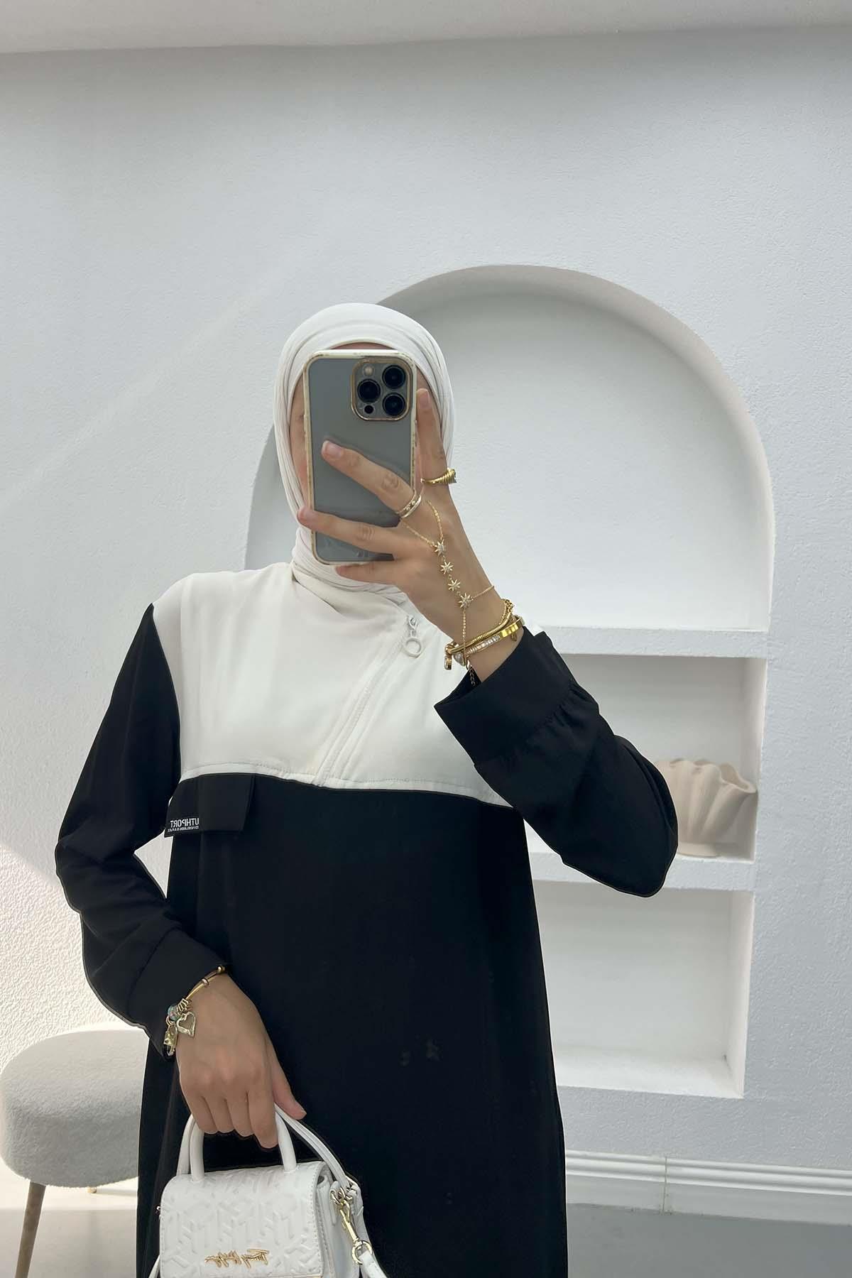 Yaka Fermuarlı Elbise Siyah