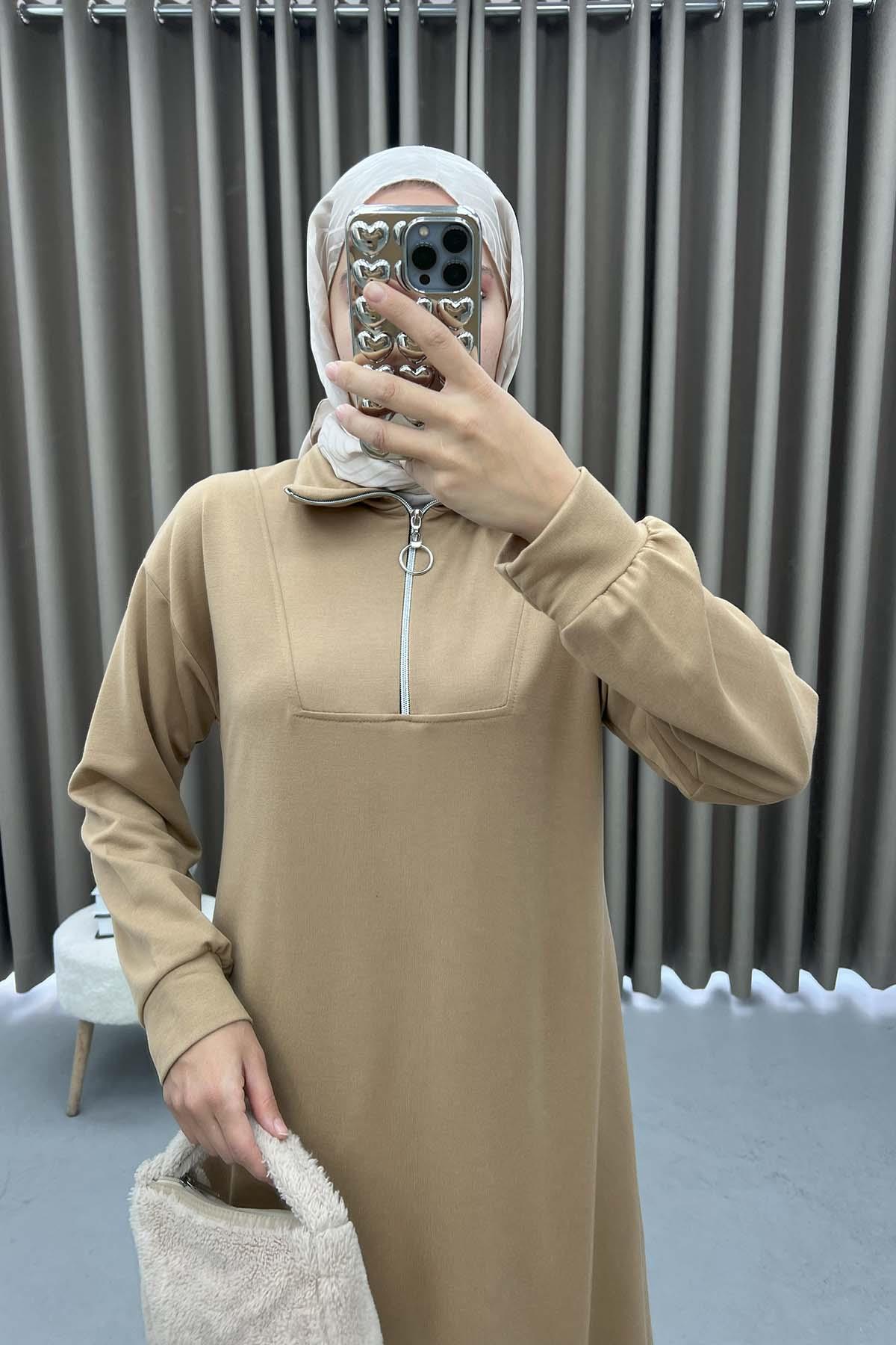 Yaka Fermuarlı Sweat Elbise Sütlü Kahve