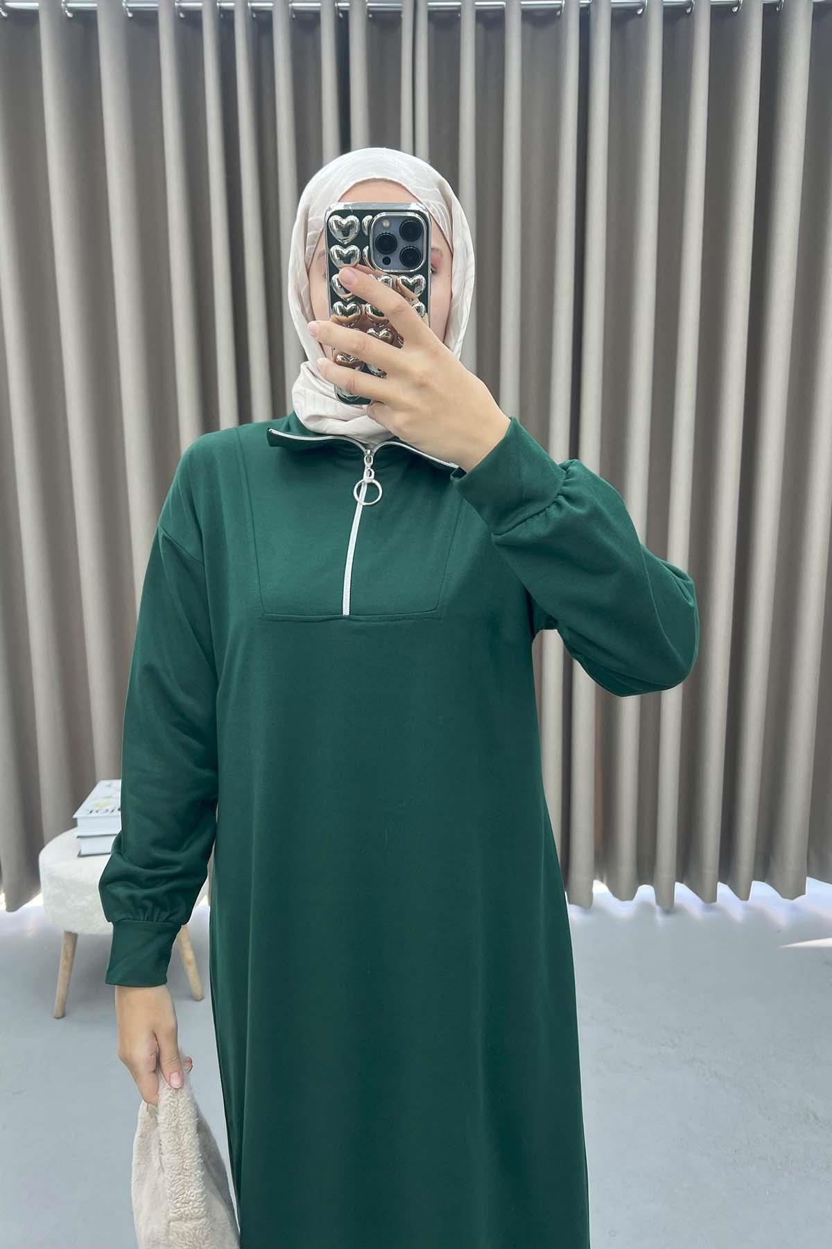 Yaka Fermuarlı Sweat Elbise Zümrüt Yeşili