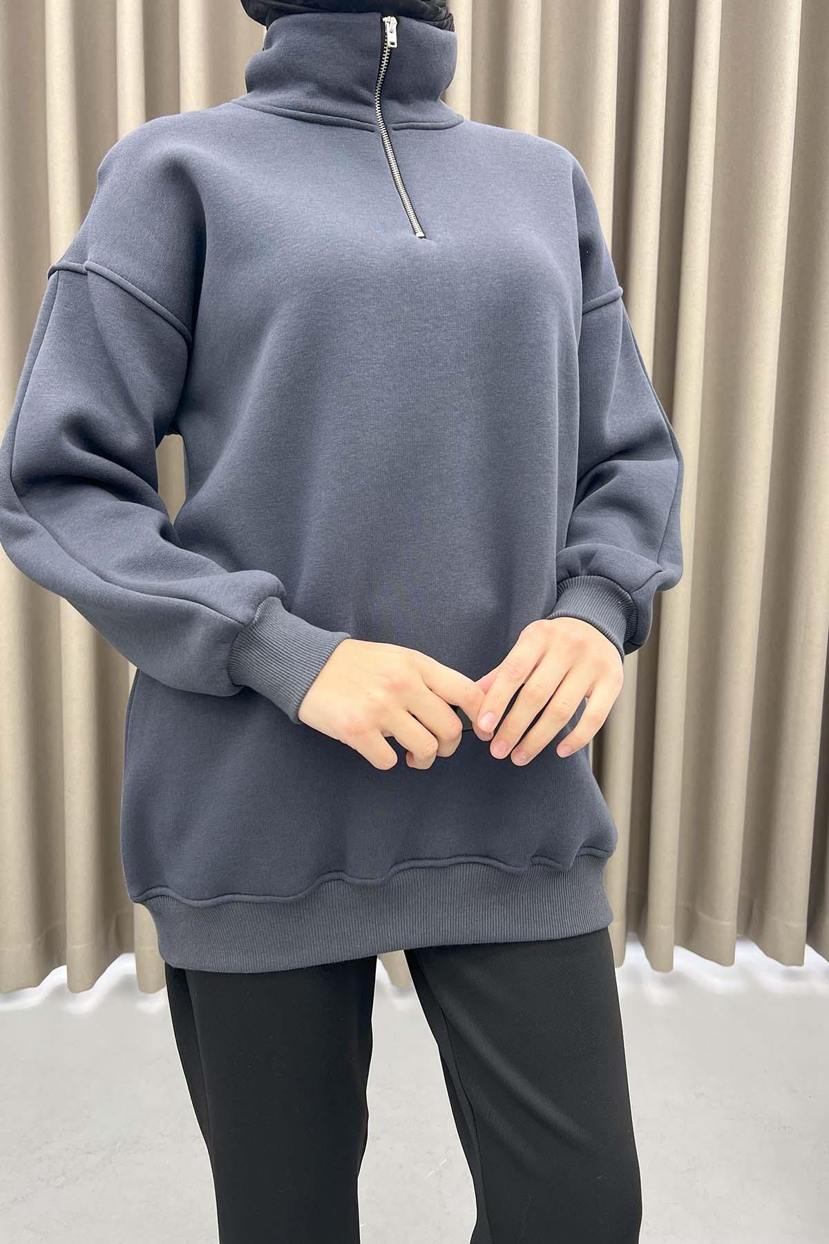 Yaka Fermuarlı Sweatshirt Antrasit