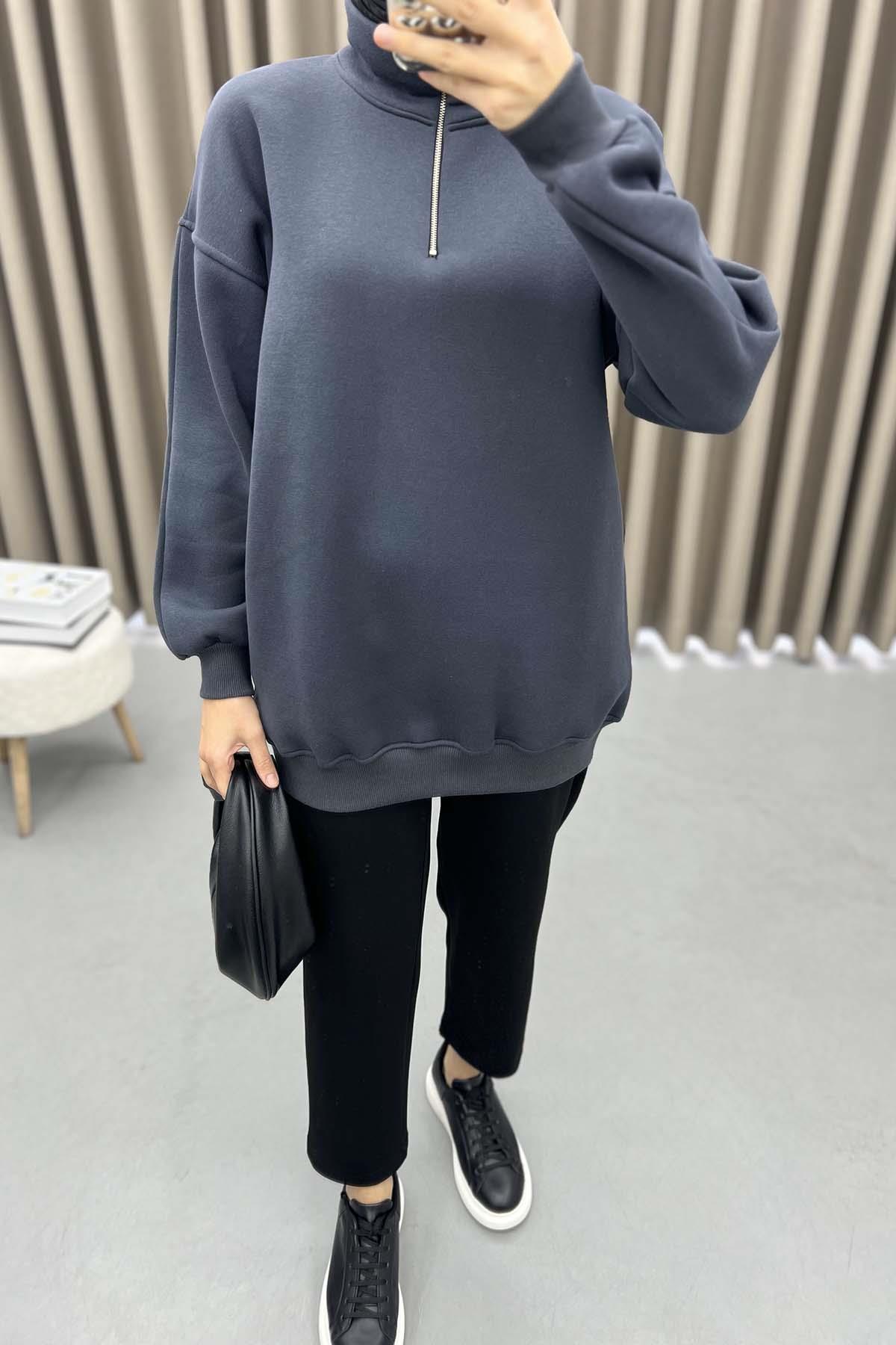 Yaka Fermuarlı Sweatshirt Antrasit