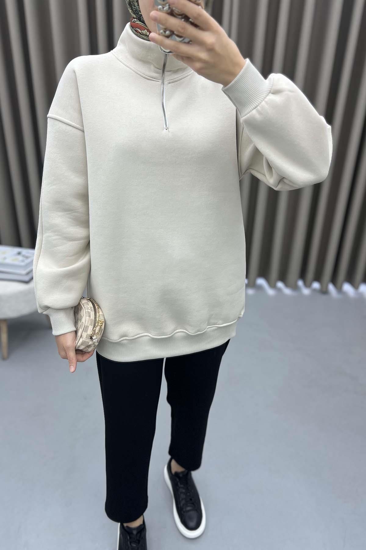 Yaka Fermuarlı Sweatshirt Bej