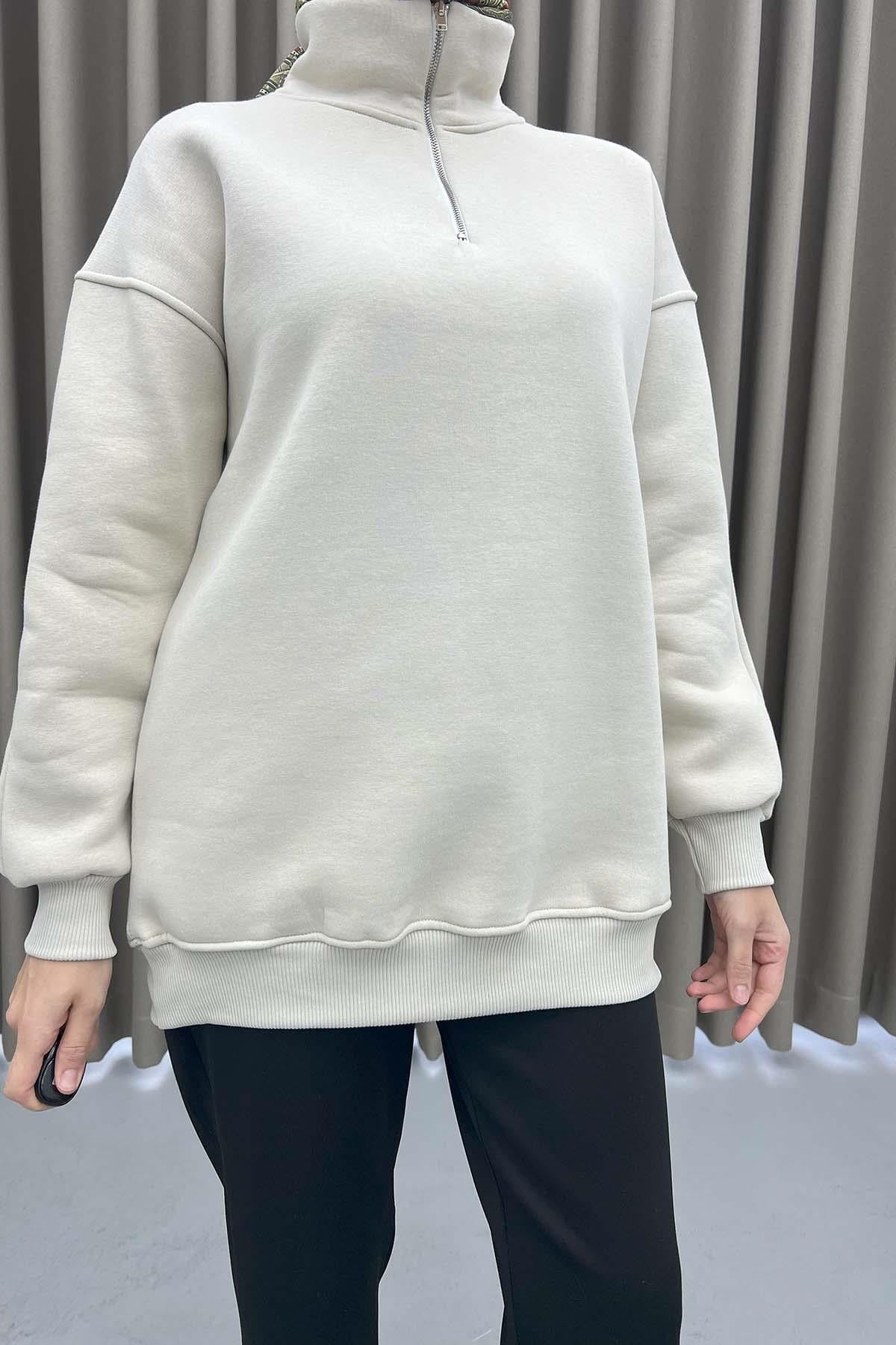 Yaka Fermuarlı Sweatshirt Bej