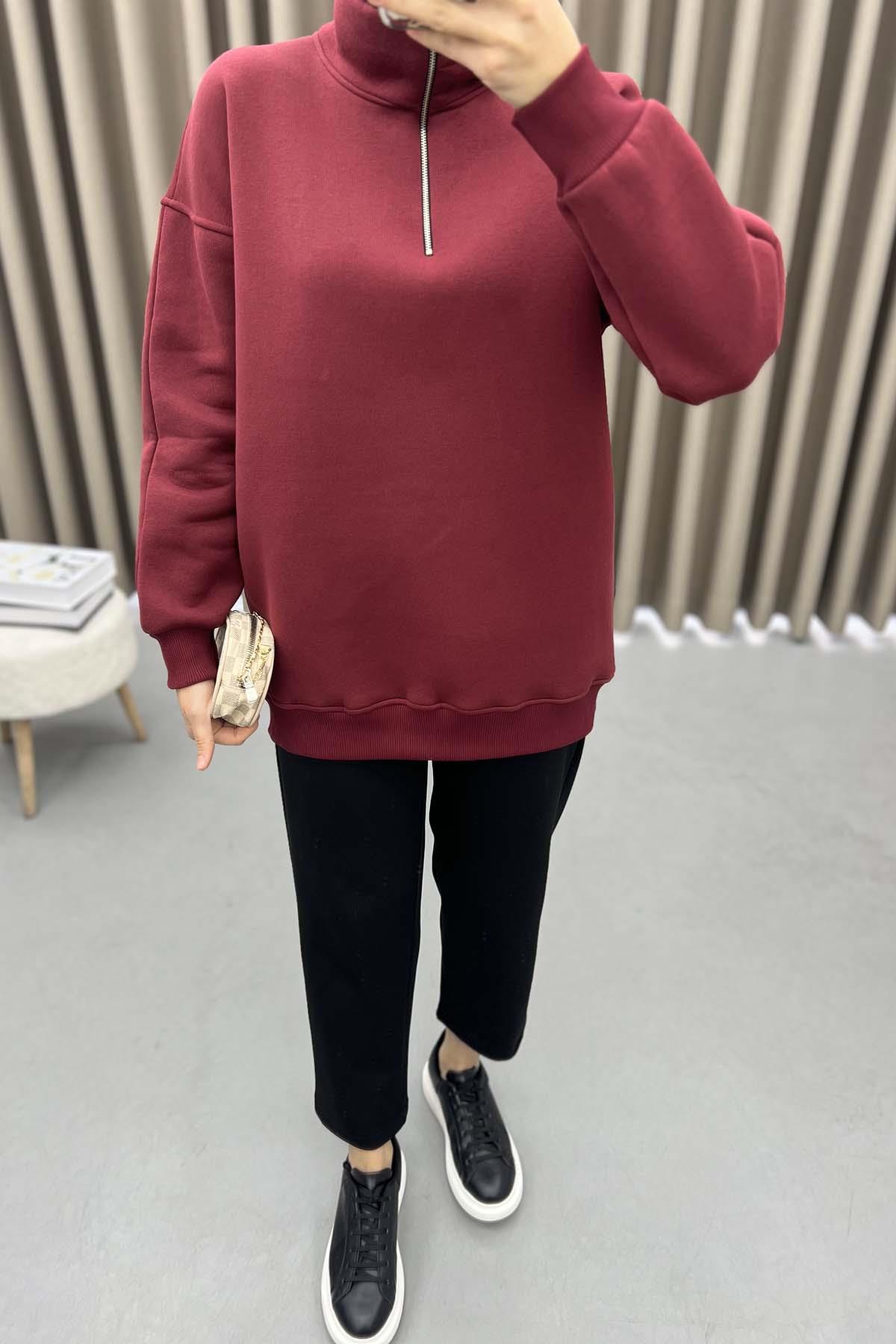 Yaka Fermuarlı Sweatshirt Bordo