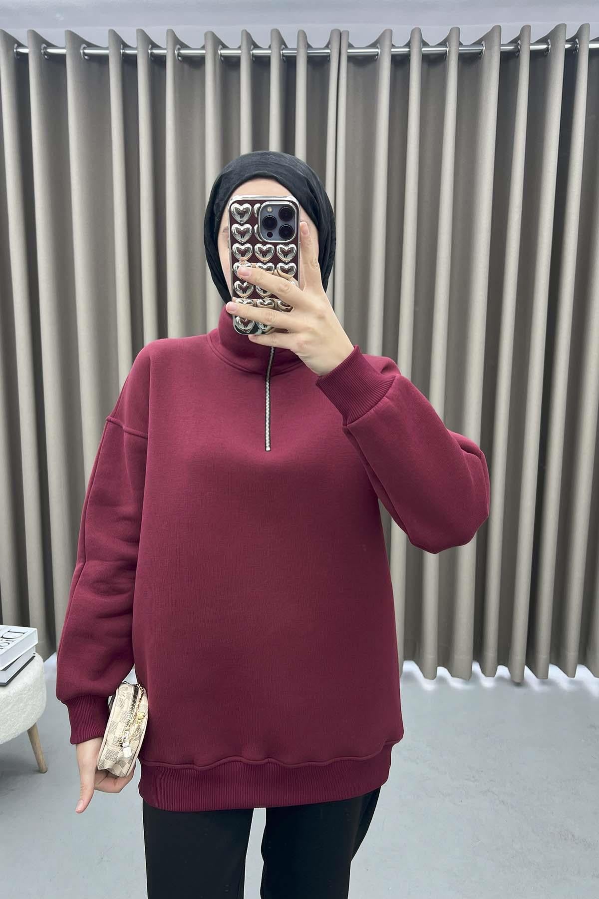 Yaka Fermuarlı Sweatshirt Bordo