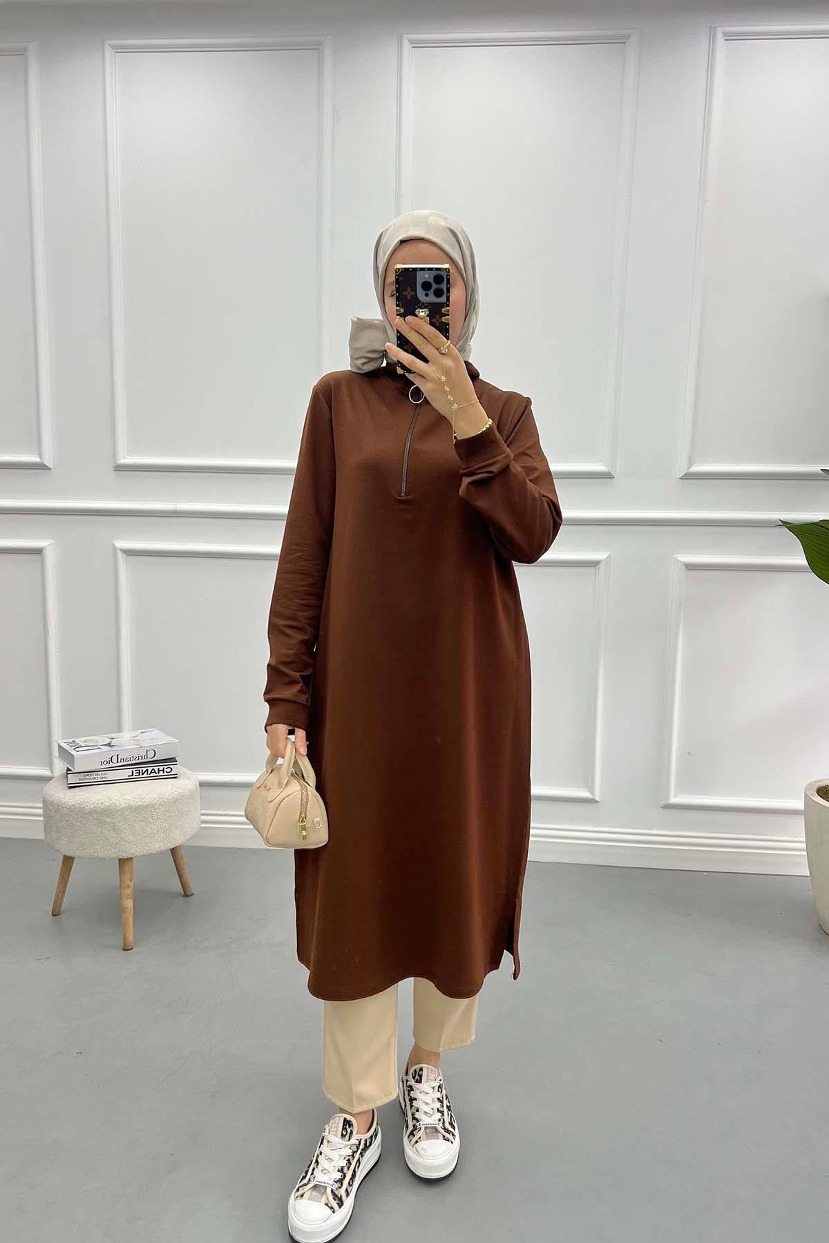 Yaka Fermuarlı Tunik Acı Kahve