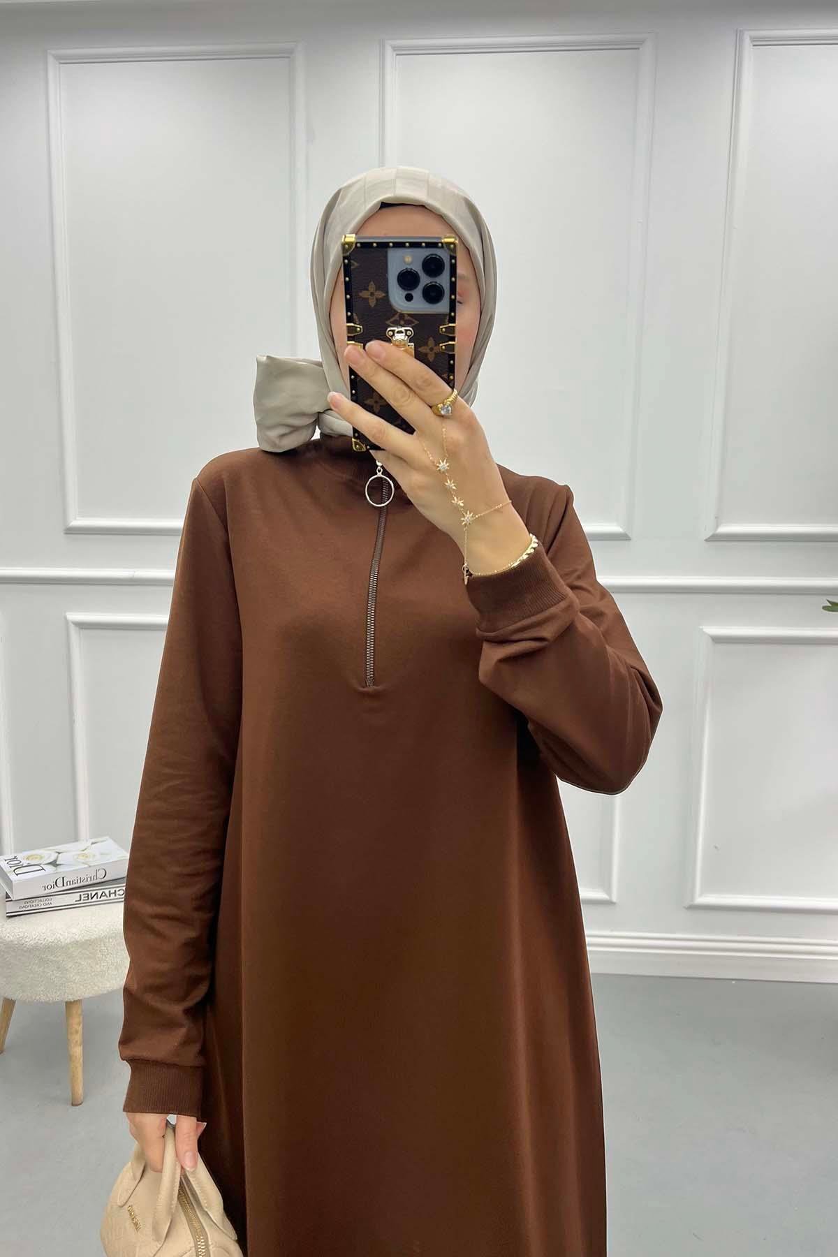 Yaka Fermuarlı Tunik Acı Kahve