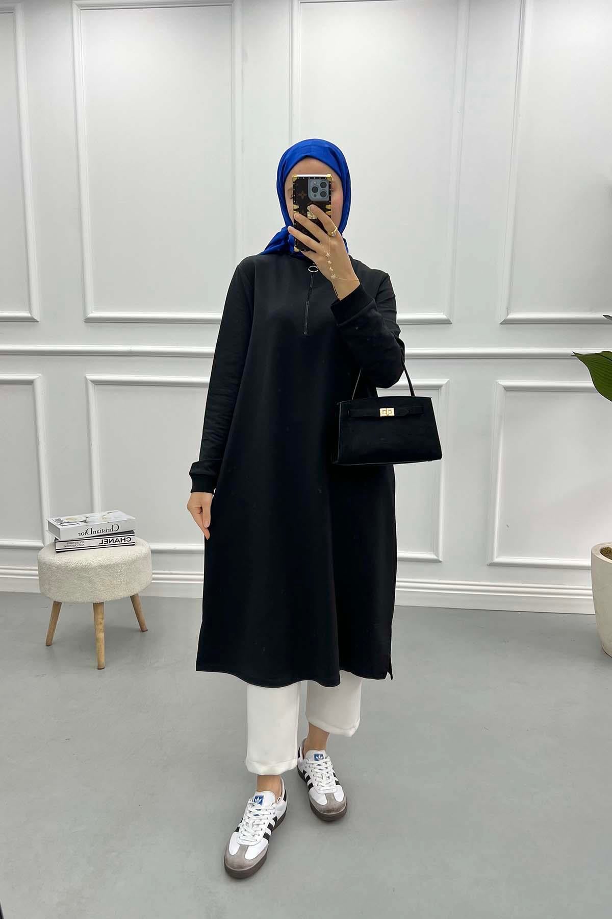 Yaka Fermuarlı Tunik Siyah