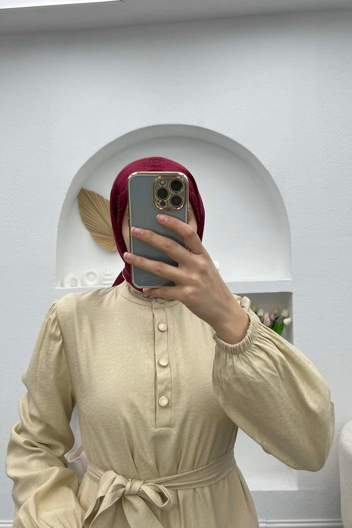 Yaka Fırfırlı Elbise Bej