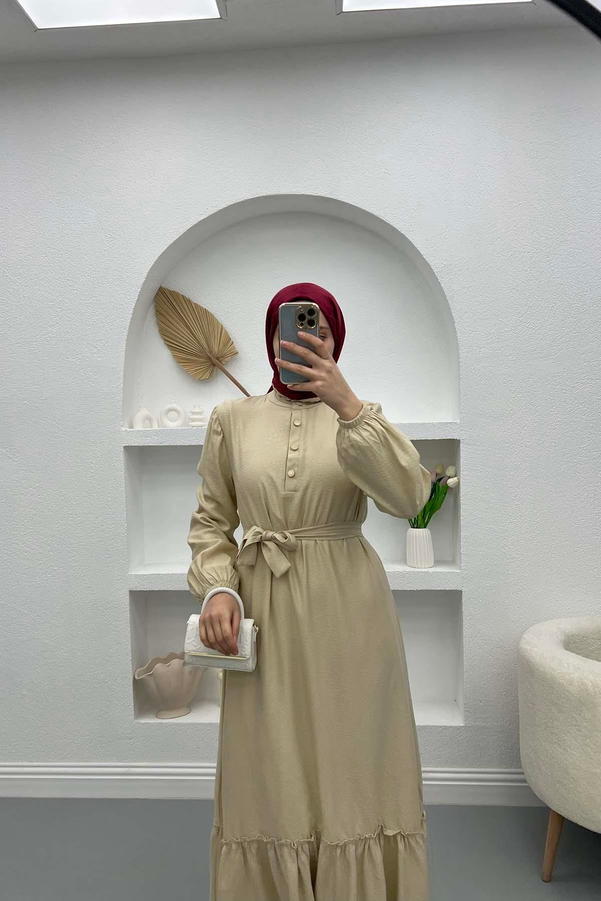 Yaka Fırfırlı Elbise Bej