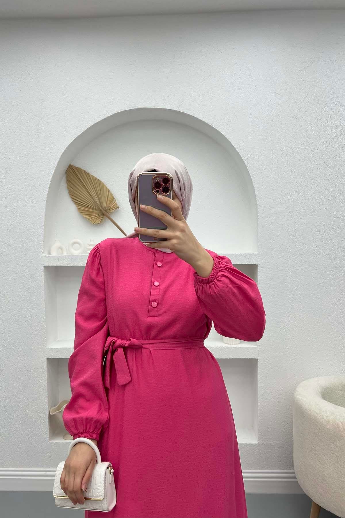 Yaka Fırfırlı Elbise Pembe