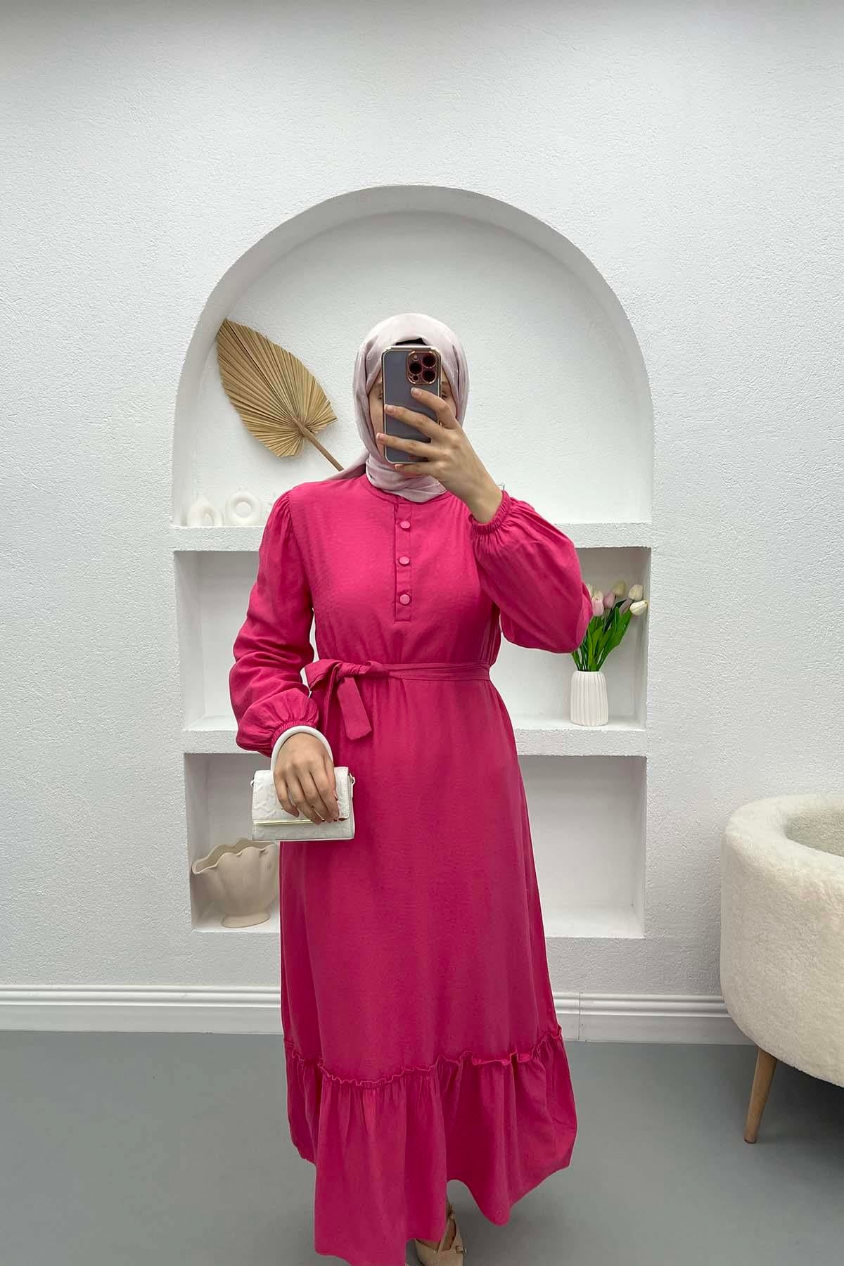 Yaka Fırfırlı Elbise Pembe