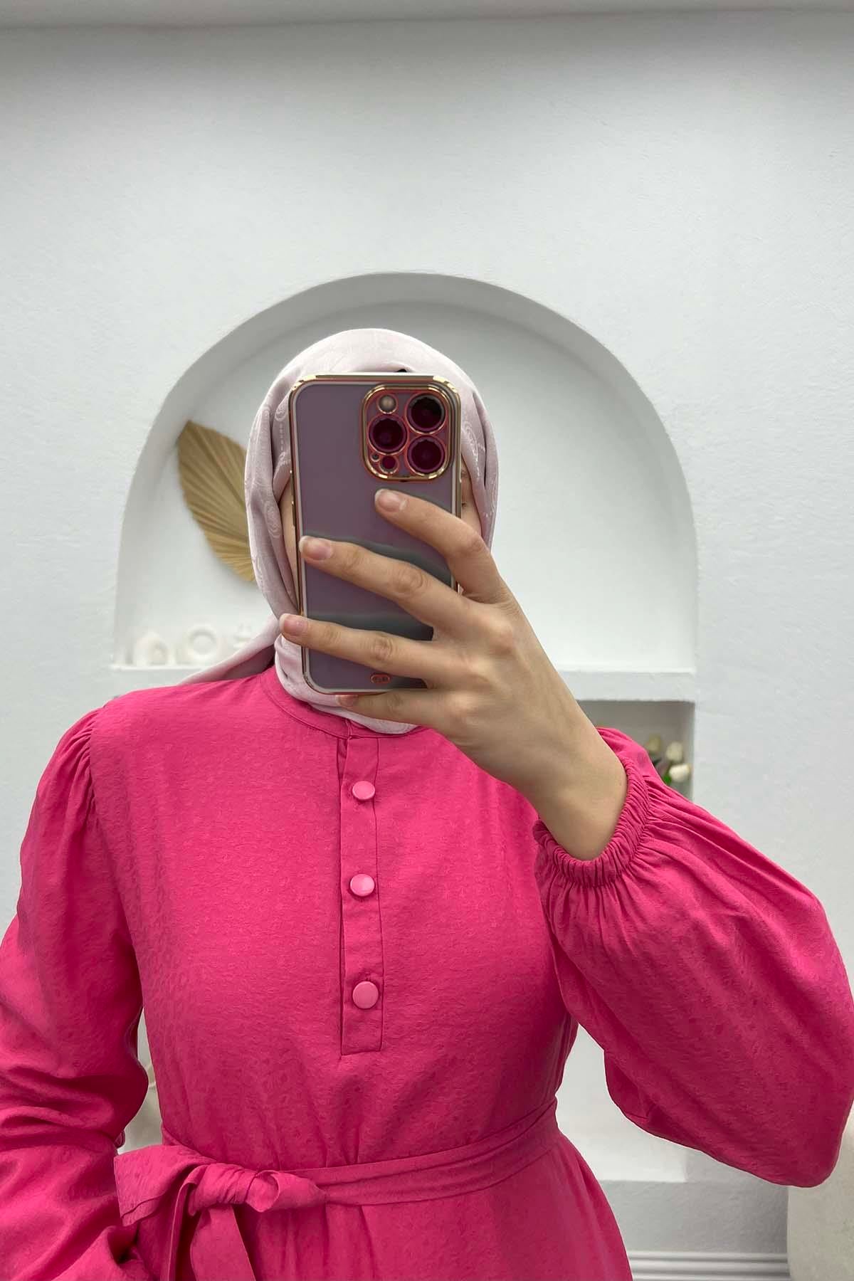 Yaka Fırfırlı Elbise Pembe