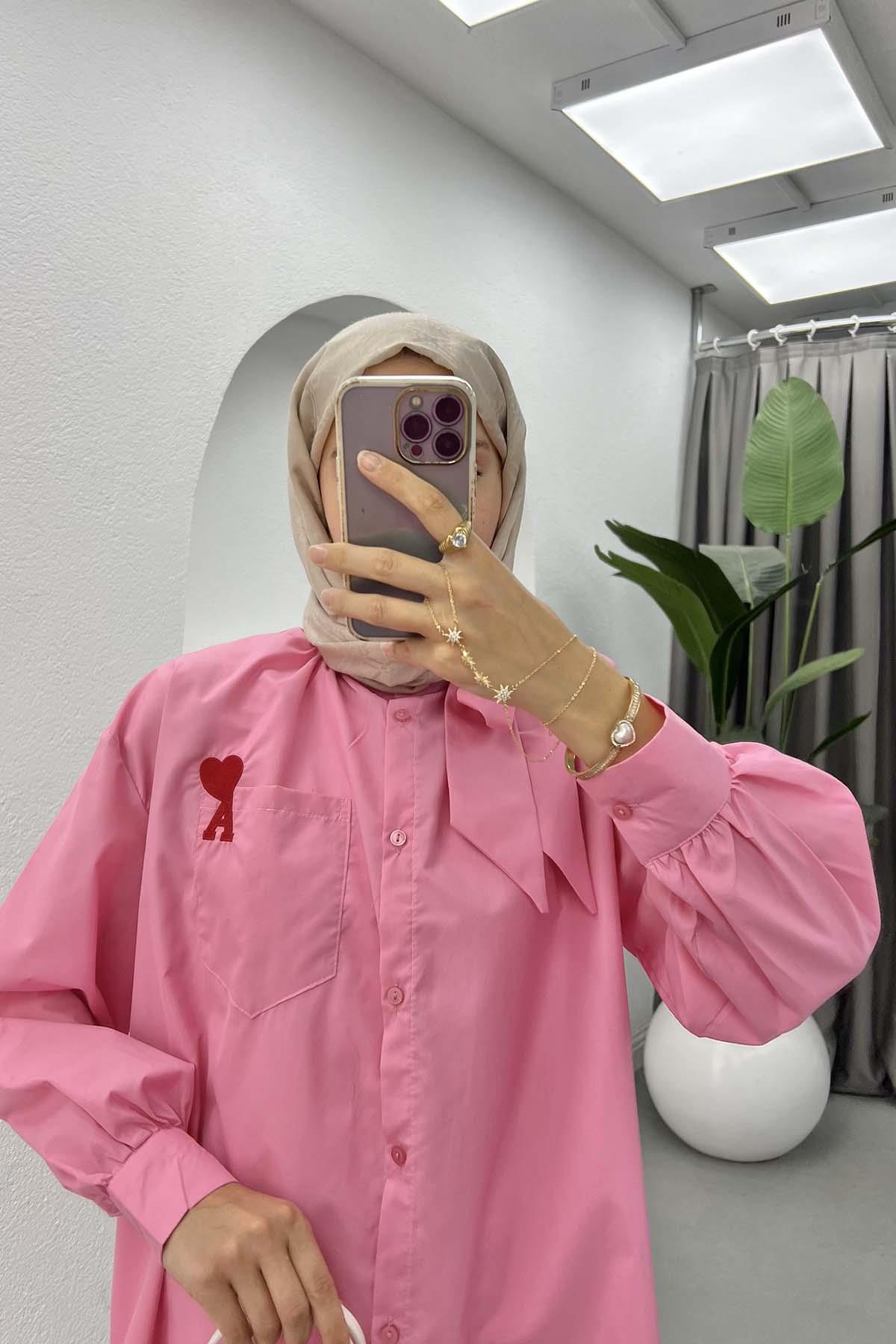Yaka Fiyonklu Gömlek Pembe