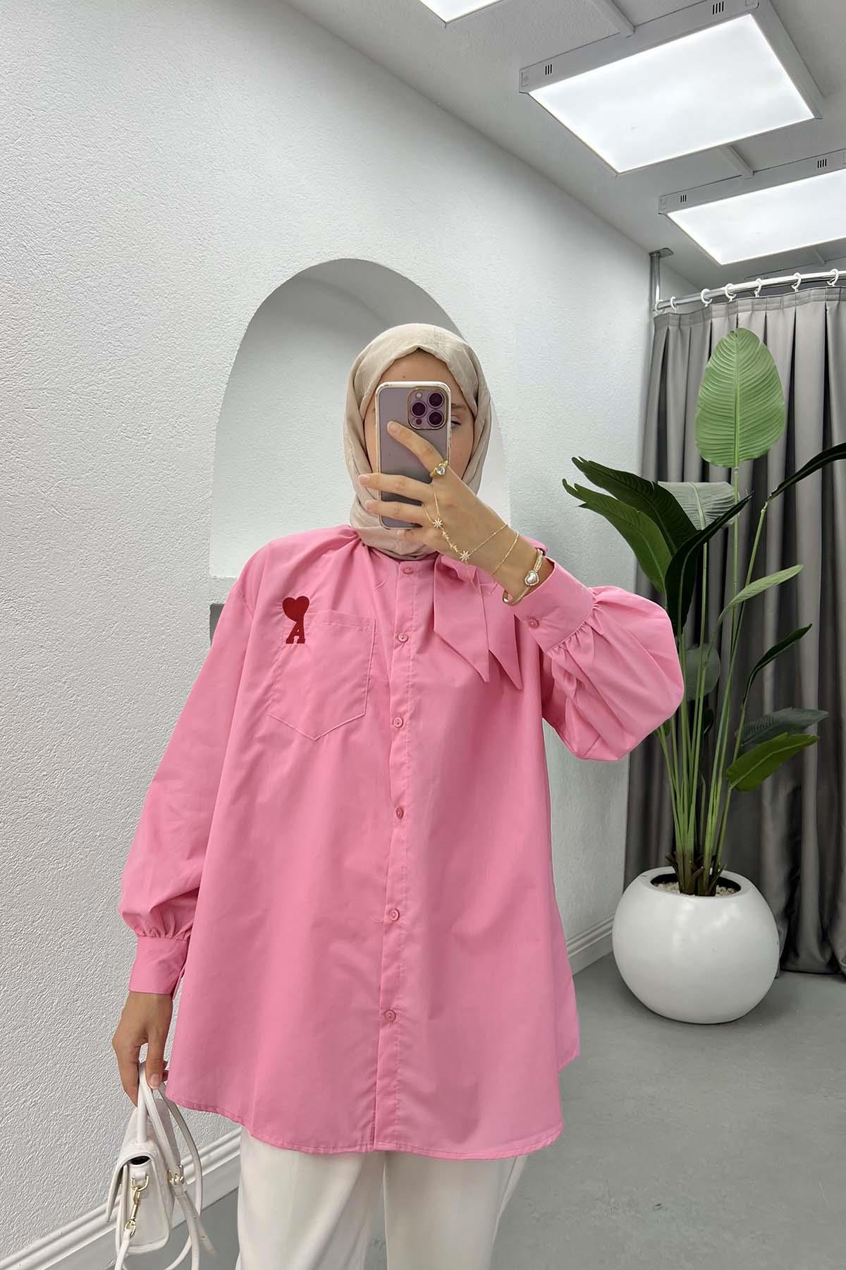 Yaka Fiyonklu Gömlek Pembe