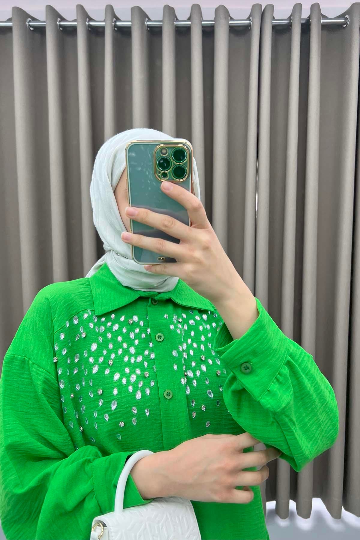 Yaka Taşlı Gömlek Yeşil