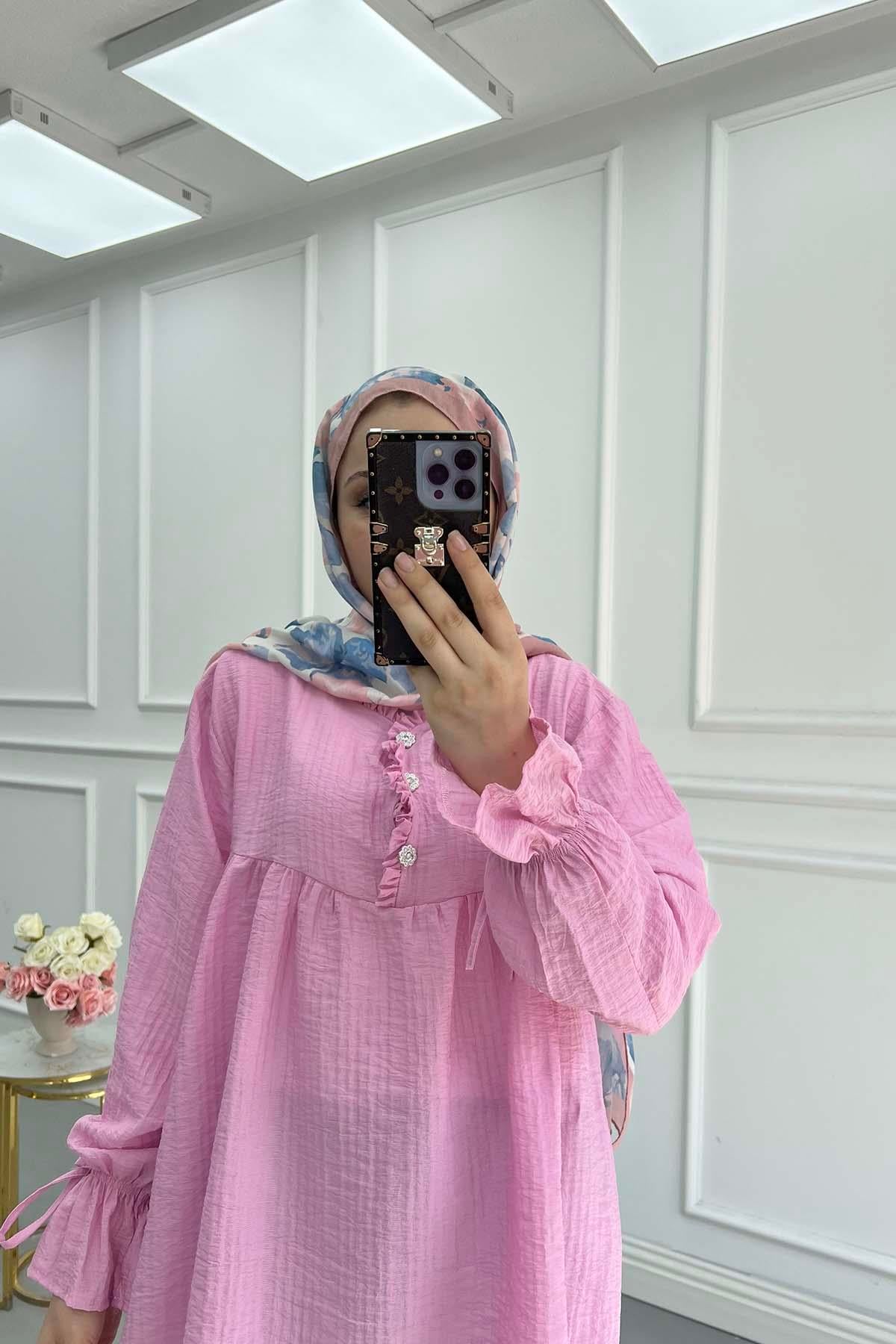 Yaka ve Düğme Detaylı Kolu Lastikli Gömlek Pembe