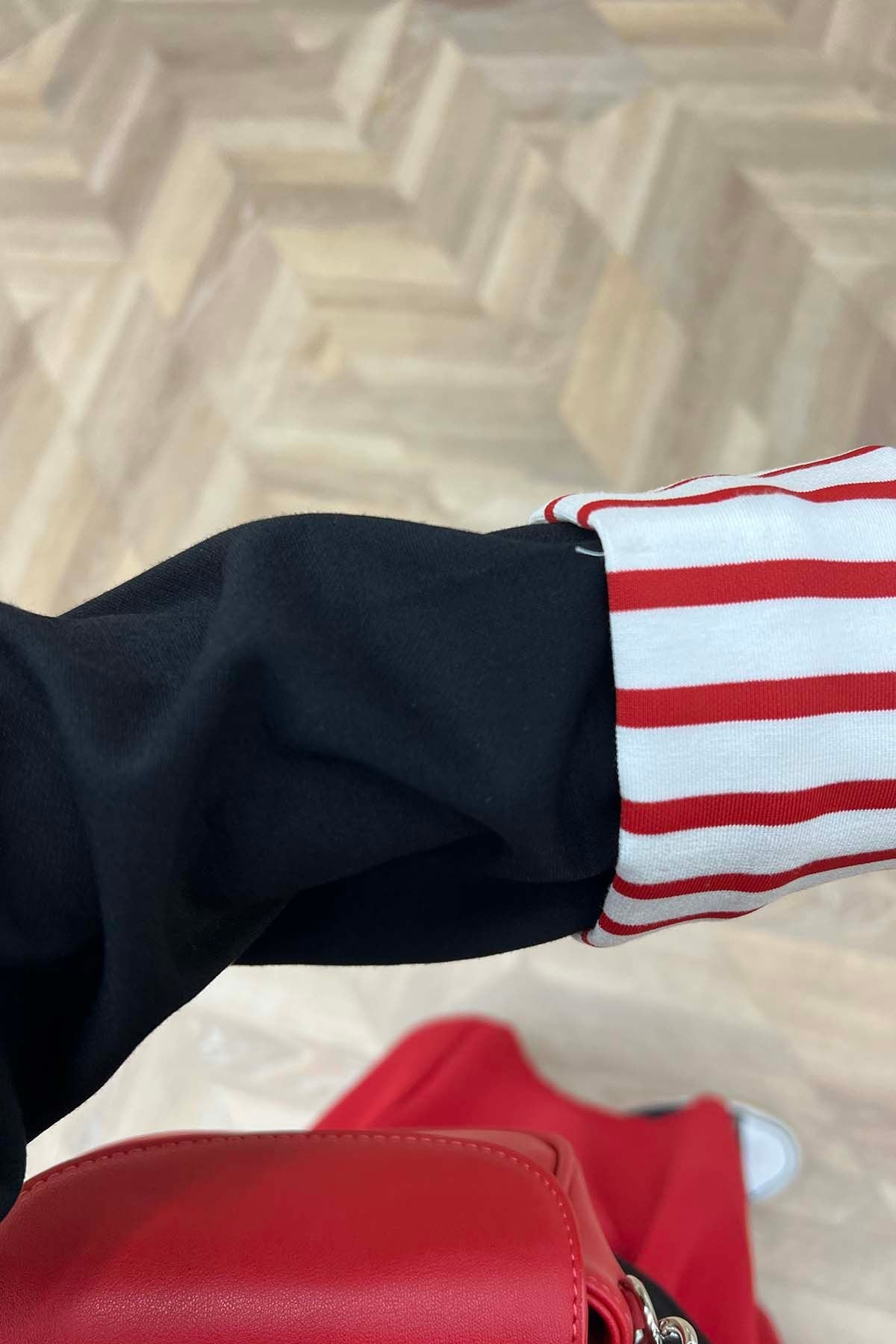 Yaka Ve Kol Çizgi Detaylı Sweatshirt Siyah