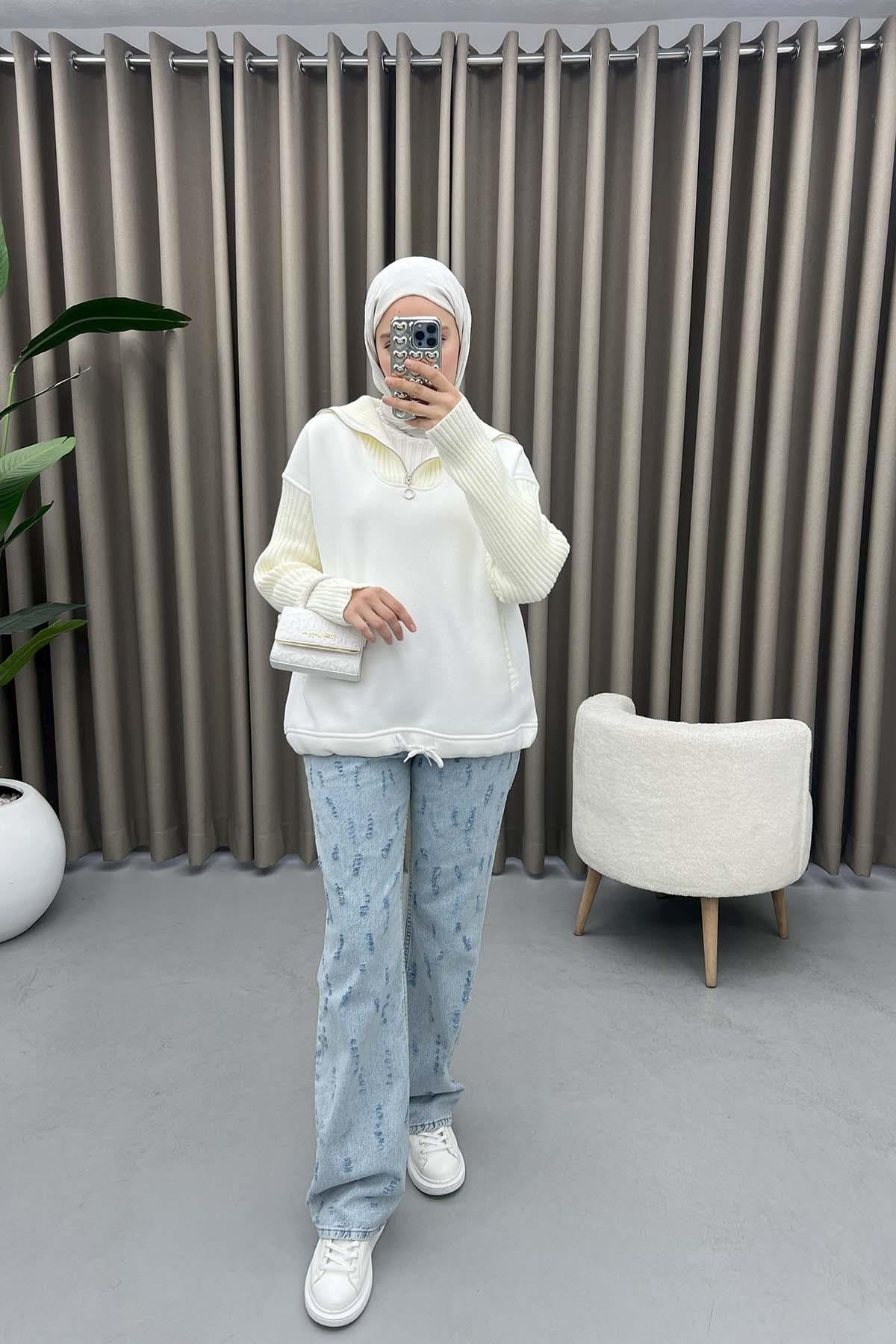Yaka Ve Kol Detaylı Sweatshirt Beyaz
