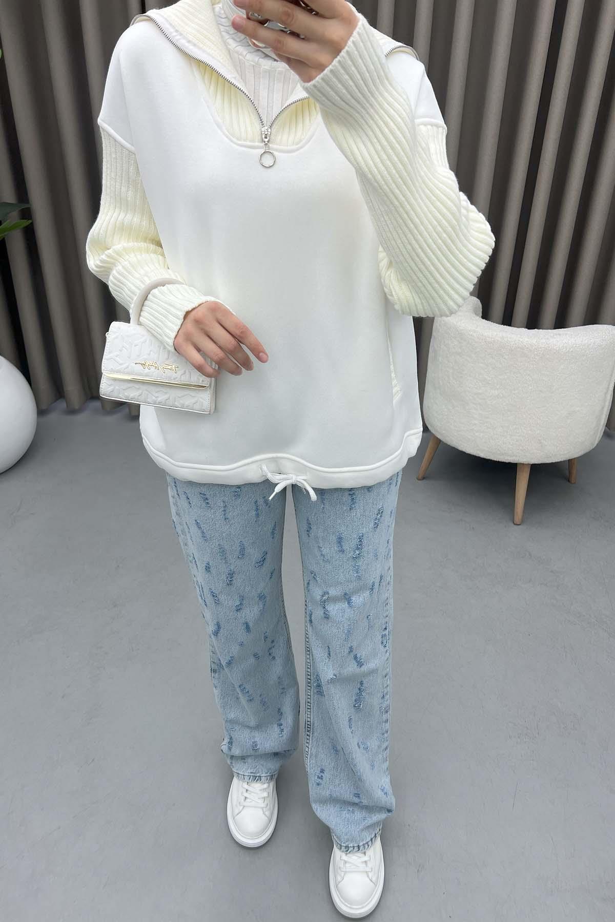 Yaka Ve Kol Detaylı Sweatshirt Beyaz