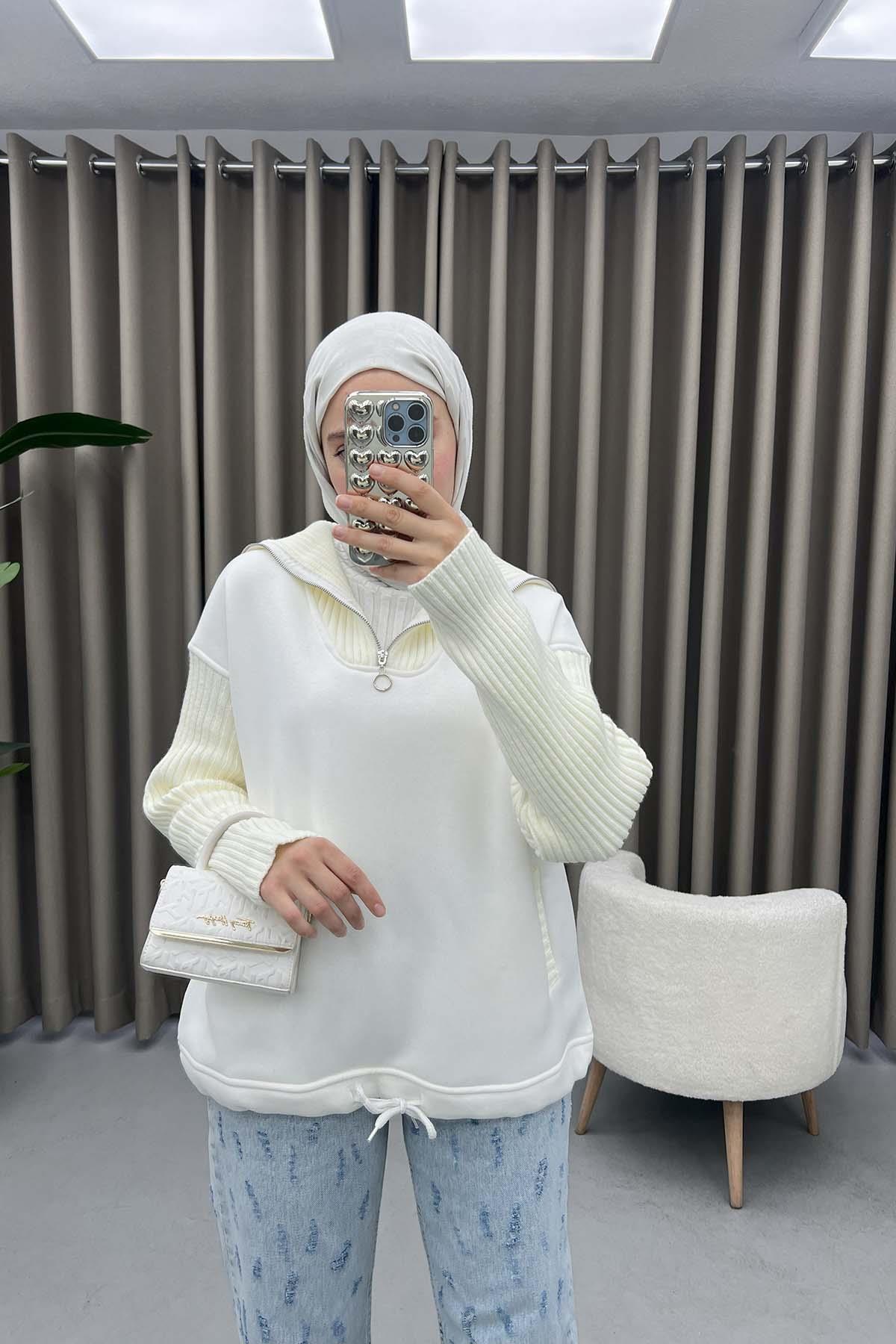 Yaka Ve Kol Detaylı Sweatshirt Beyaz