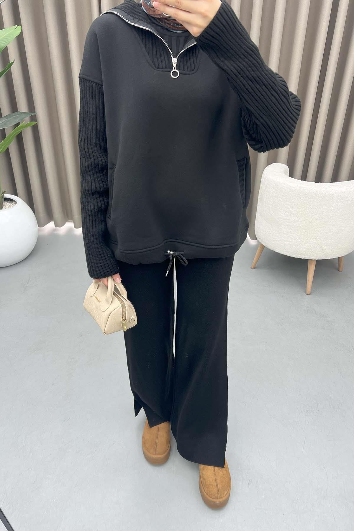 Yaka Ve Kol Detaylı Sweatshirt Siyah