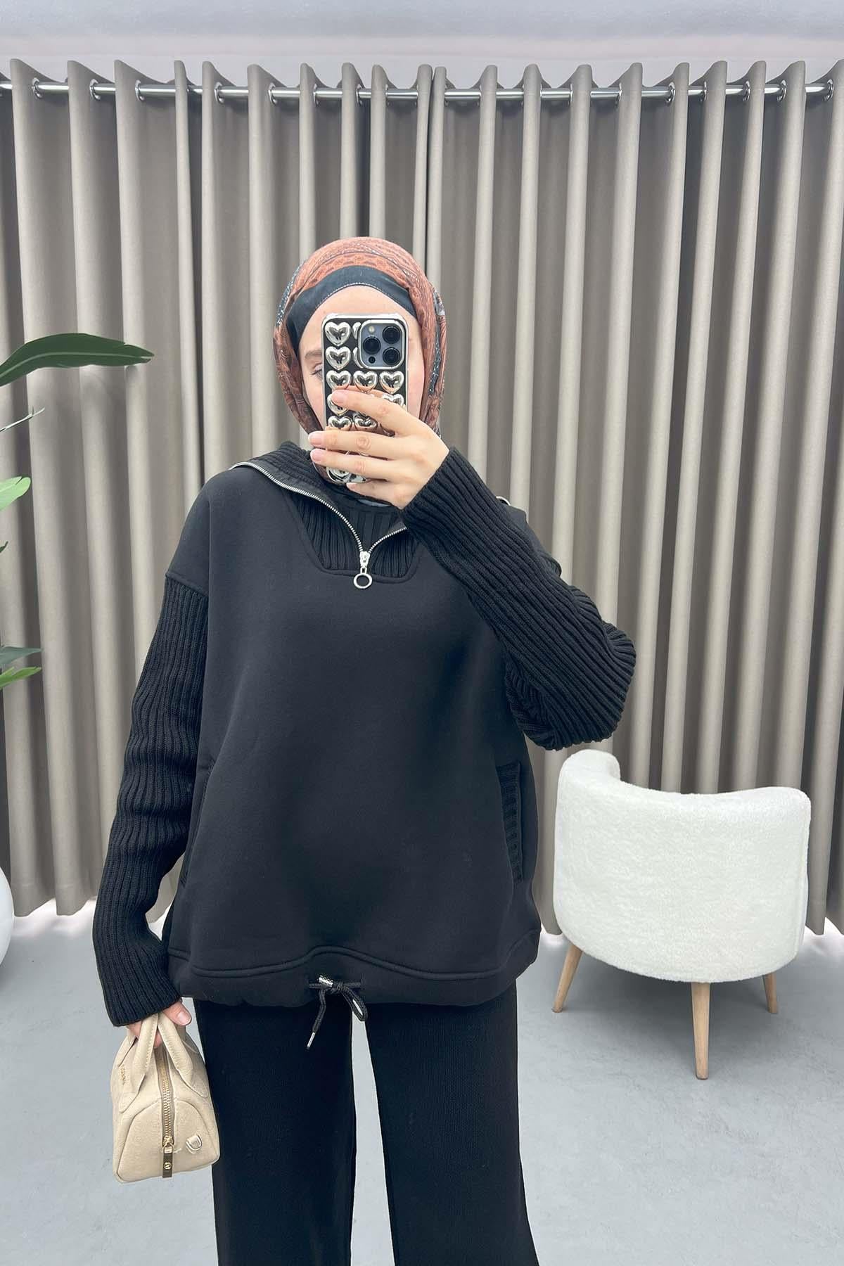 Yaka Ve Kol Detaylı Sweatshirt Siyah