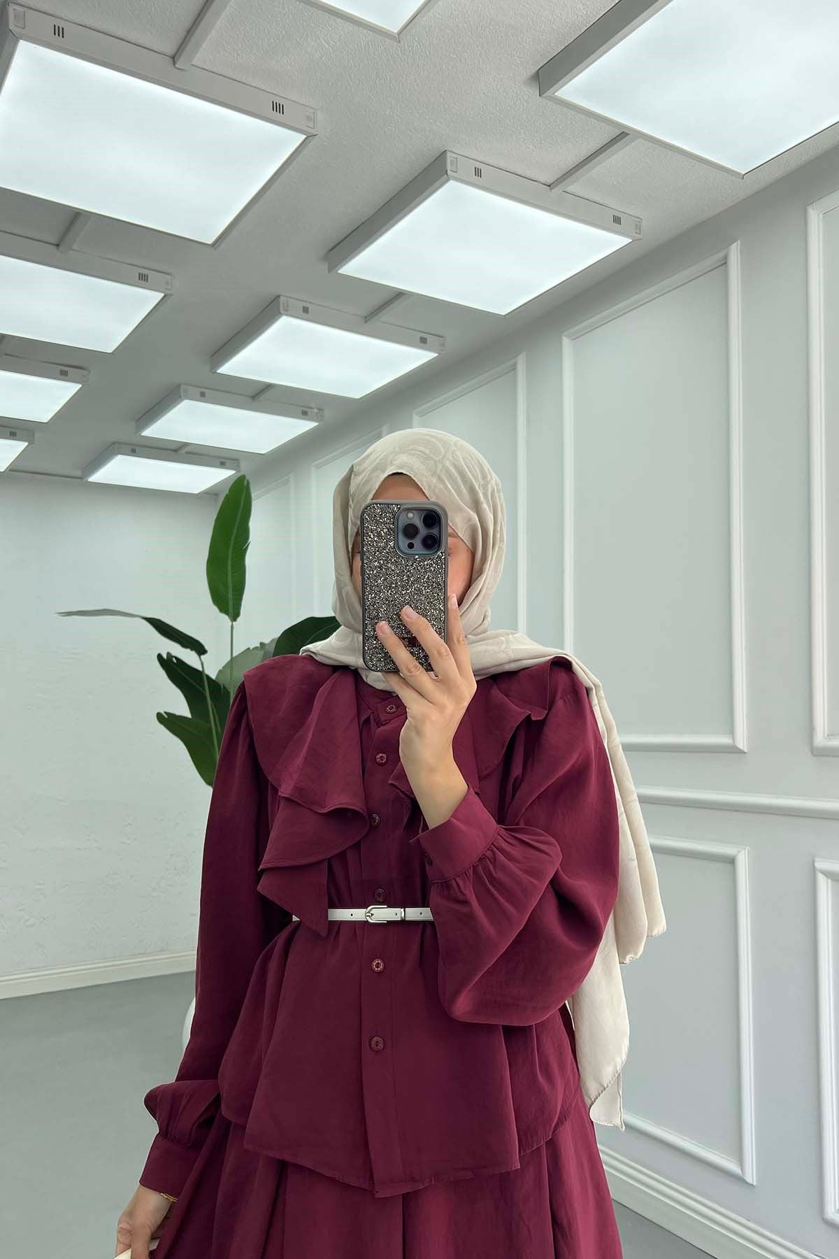 Yakası Fırfır Detaylı Modal Takım Bordo