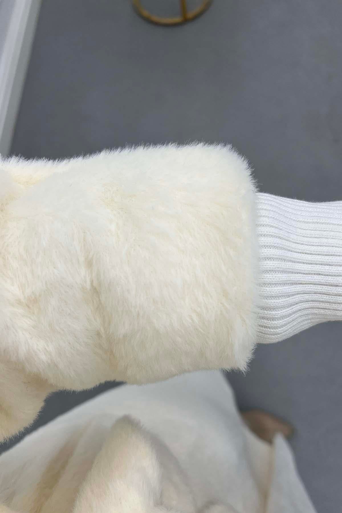 Yakası Kürklü Astarlı Angora Kaban Ekru