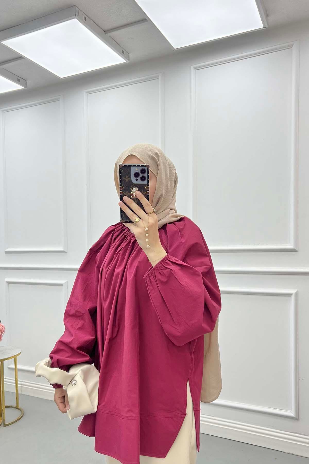 Yakası Lastikli Poplin Gömlek Bordo