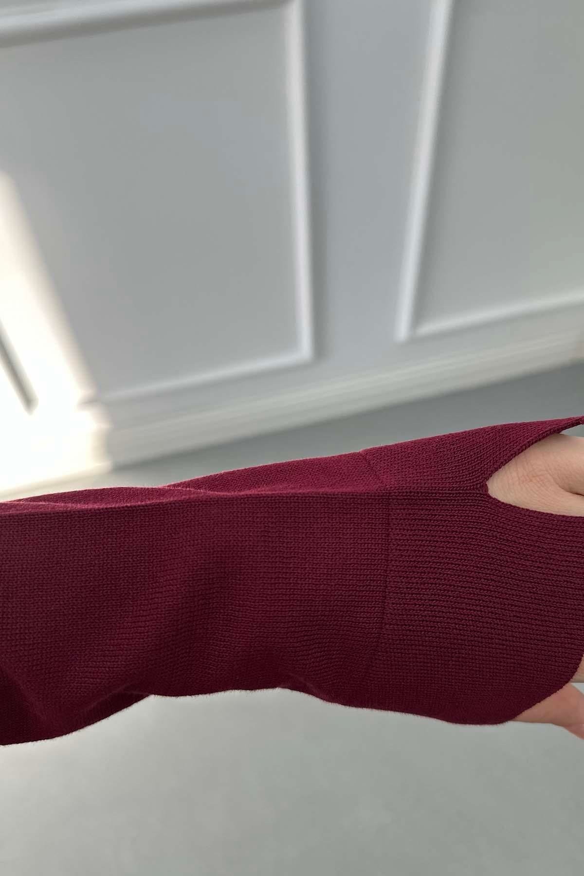 Yakası Taş Detaylı Merserize Elbise Bordo