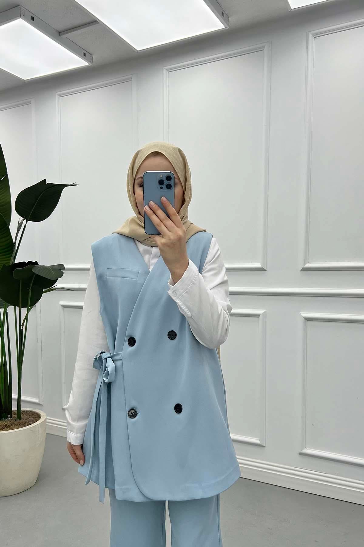 Yan Bağlama Detaylı Minimalist Yelek Takım Bebe Mavi