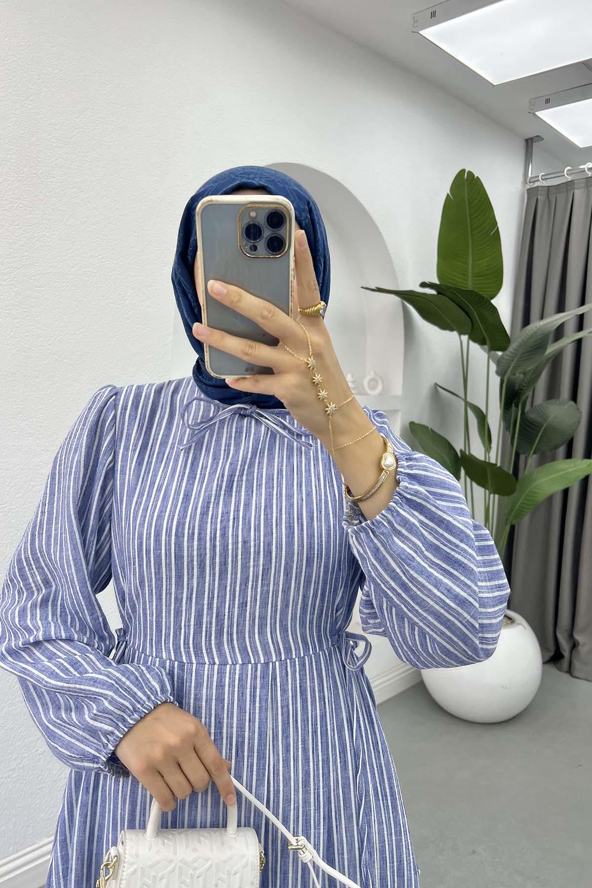 Yan Bağlamalı Çizgili Elbise Lila