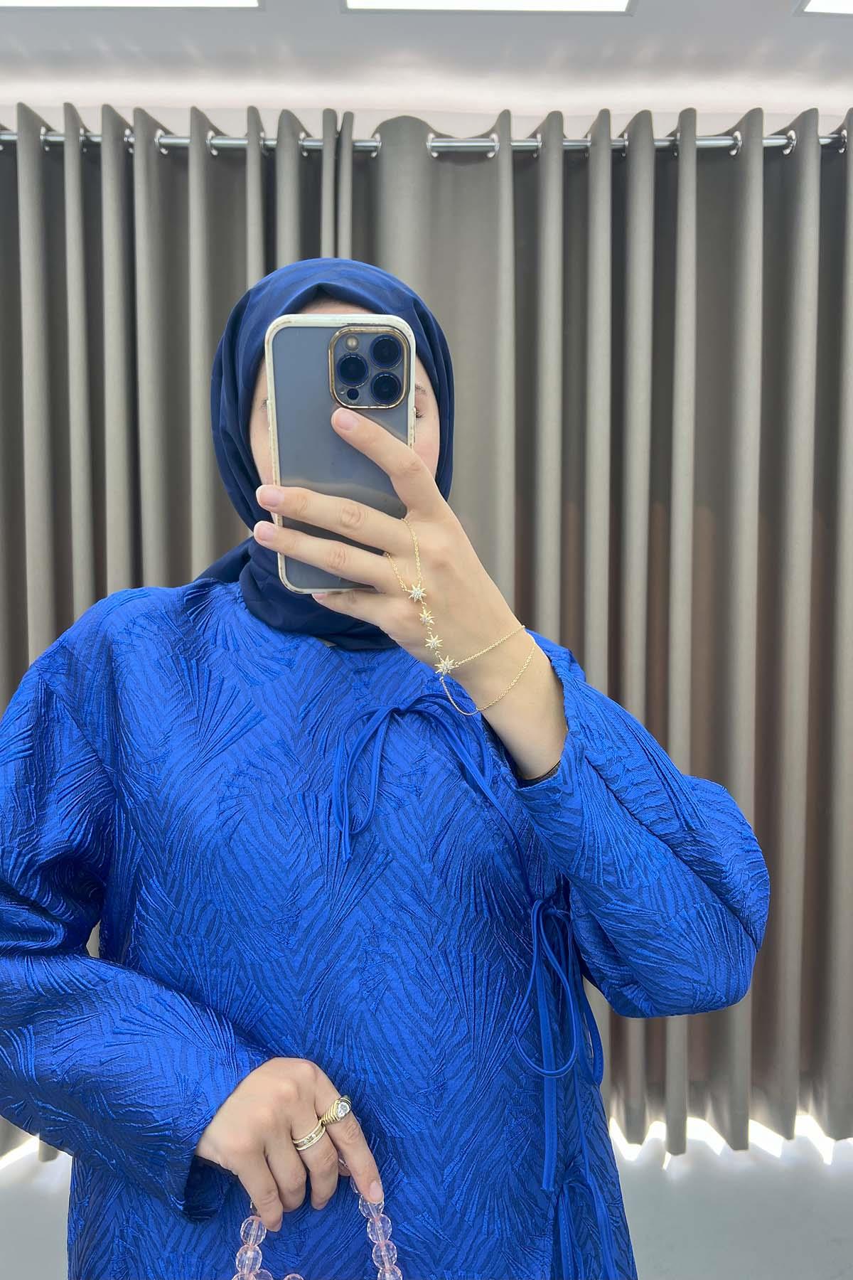 Yan Bağlamalı Jakarlı Ceket Saks Mavi