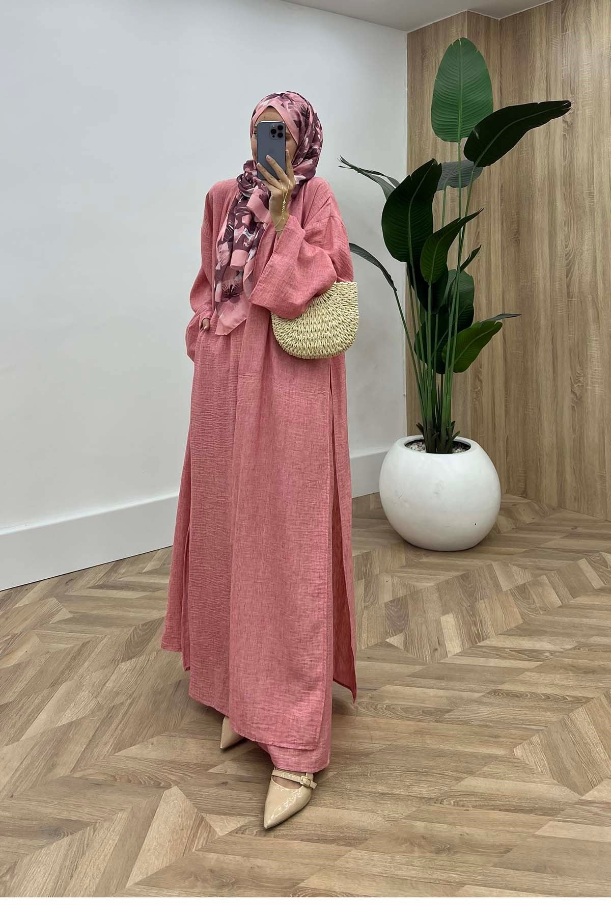 Yan Yırtmaçlı Kimono Takım Kırmızı