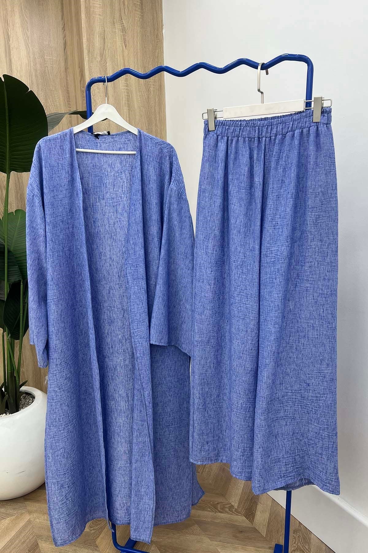 Yan Yırtmaçlı Kimono Takım Mavi