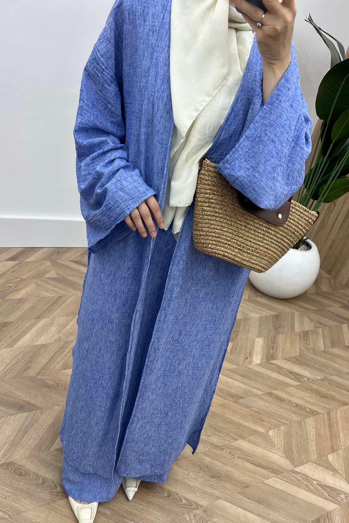 Yan Yırtmaçlı Kimono Takım Mavi