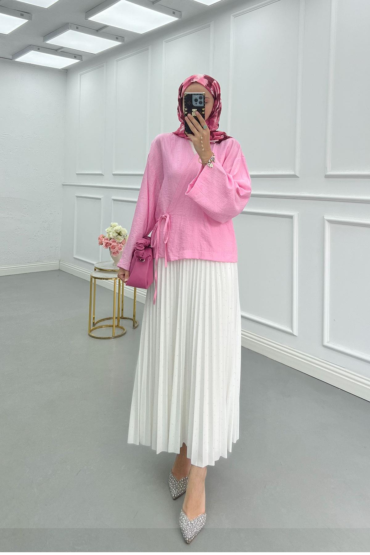 Yandan Bağlamalı Çilek Kimono Pembe