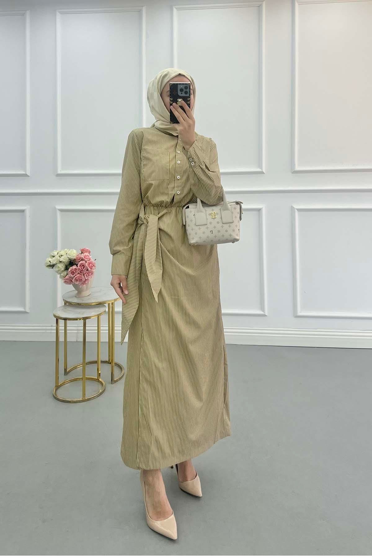Yandan Bağlamalı Çizgili Elbise Camel