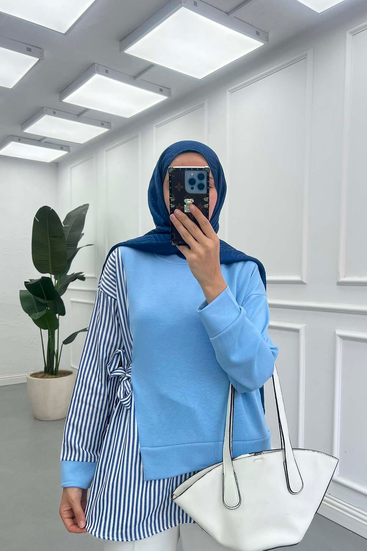 Yandan Bağlamalı Çizgili Sweatshirt Mavi