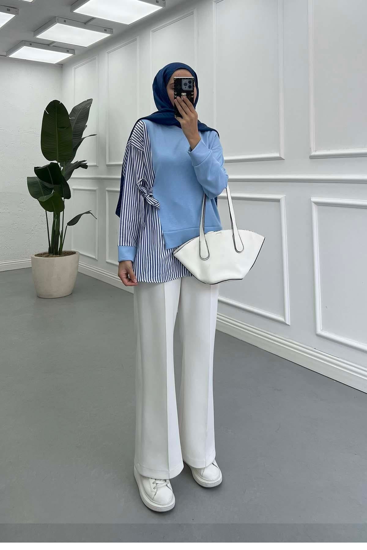 Yandan Bağlamalı Çizgili Sweatshirt Mavi