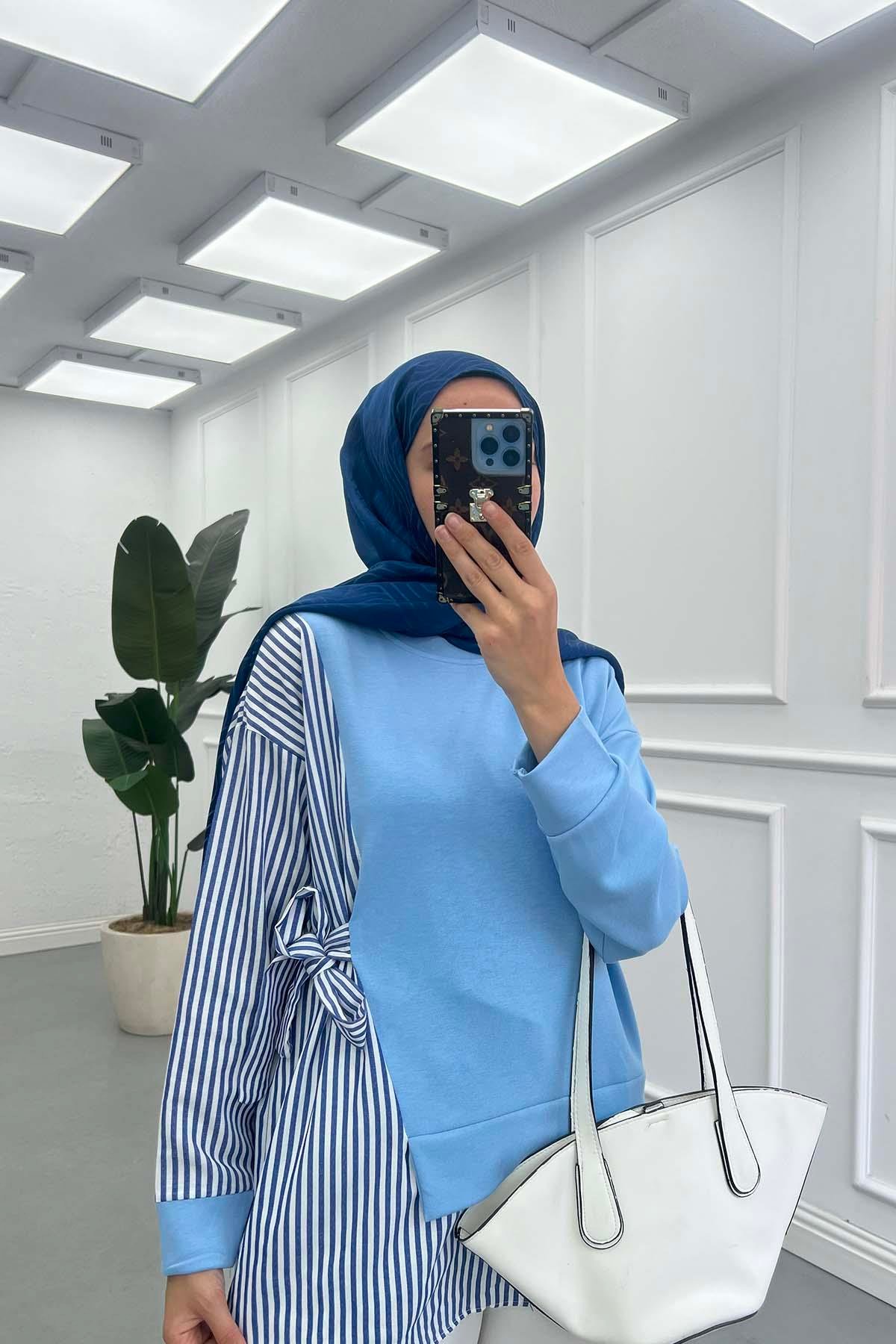 Yandan Bağlamalı Çizgili Sweatshirt Mavi