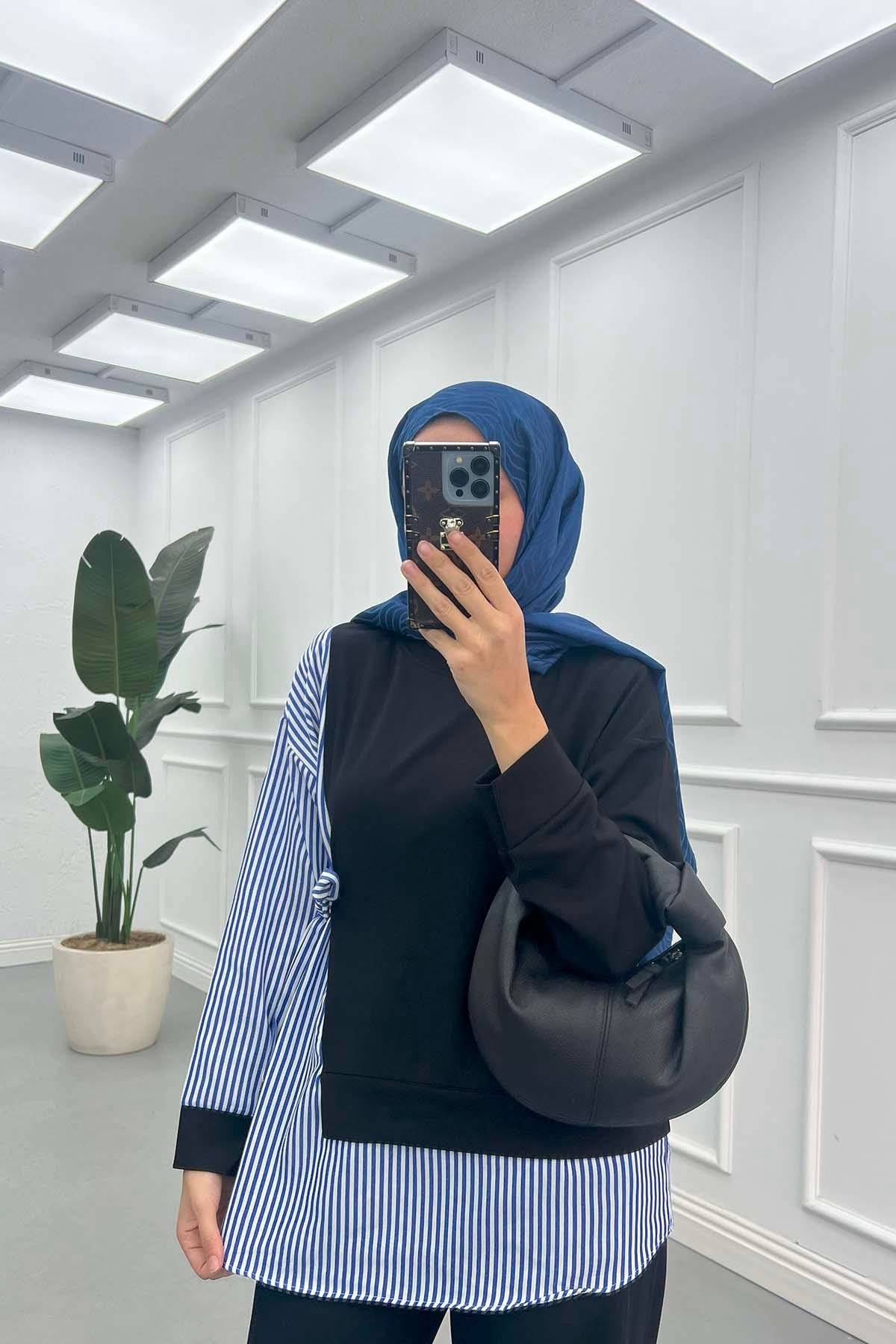 Yandan Bağlamalı Çizgili Sweatshirt Siyah